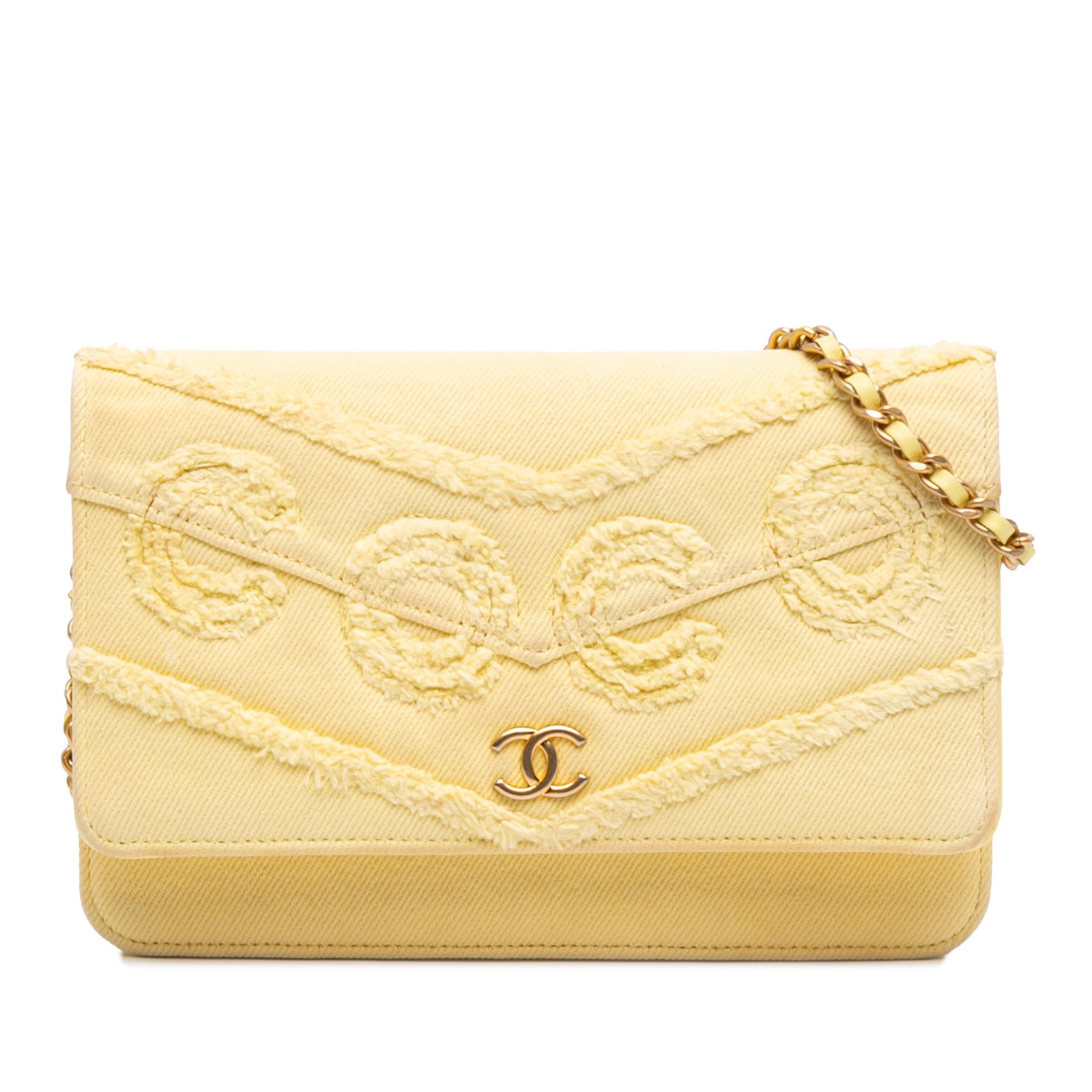 Chanel Coco Wallet On Chain Fringed Denim Shoulder Bag: Chanel Coco Wallet On Chain Fringed Denim Shoulder Bag Chanel Denim Fringe Coco Wallet On Chain in yellow fabric with a fringed denim body and leather-woven chain strap. The design features a flap wit