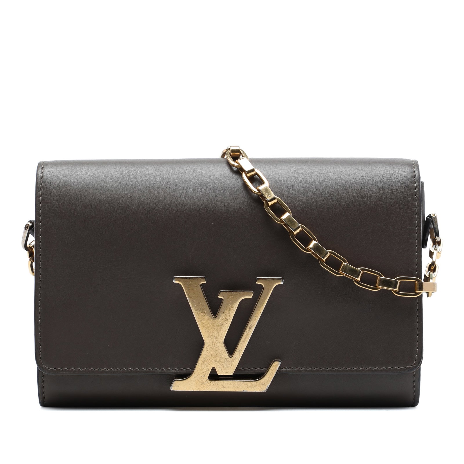 Louis Vuitton Louise Chain GM calfskin shoulder bag: Louis Vuitton Louise Chain GM calfskin shoulder bag Louis Vuitton Louise Chain GM shoulder bag in brown calfskin with a structured flap-front design and gold-tone chain strap. The interior includes zi