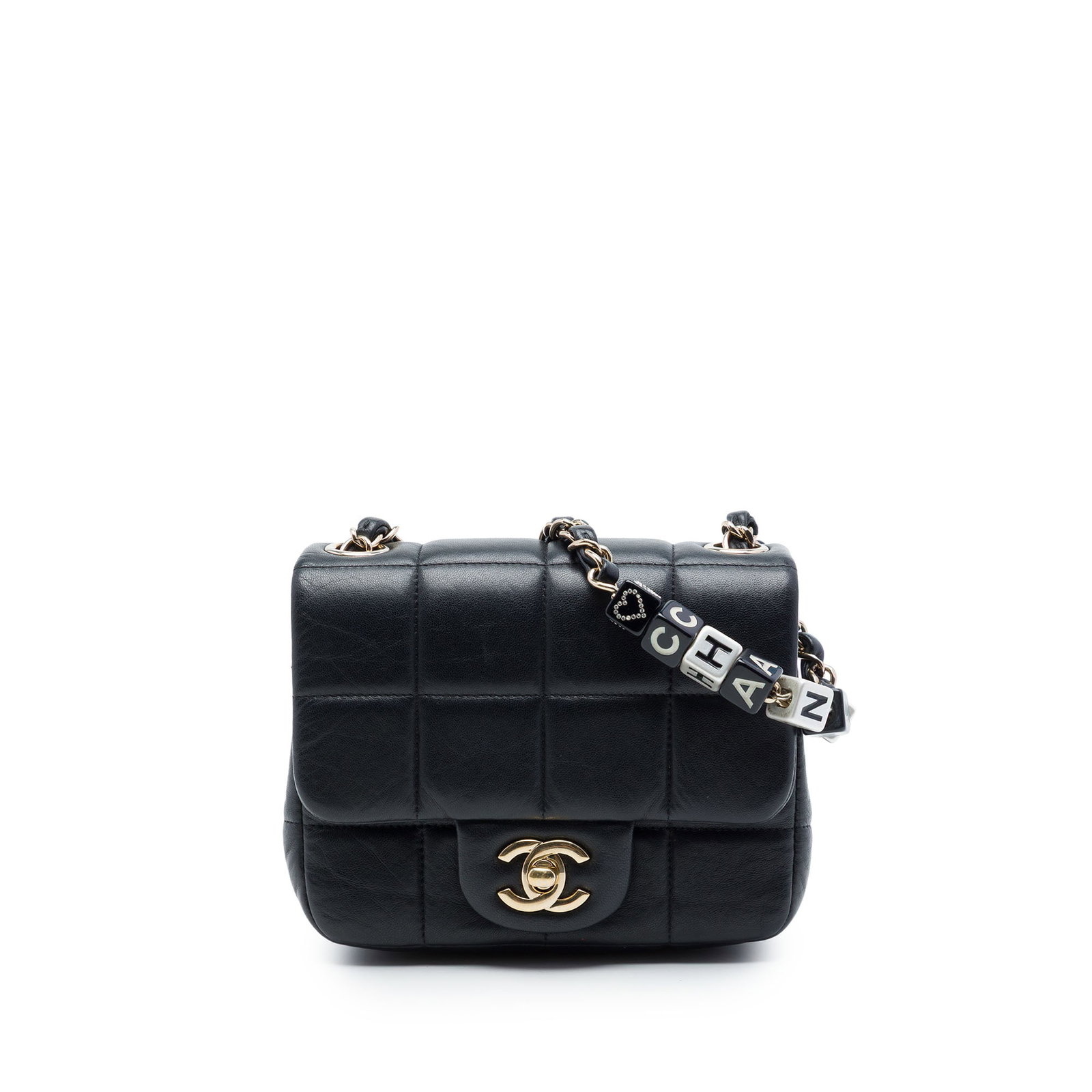 Chanel Monacoco Mini Square Flap Crossbody in Quilted Black Lambskin: Chanel Monacoco Mini Square Flap Crossbody in Quilted Black Lambskin A Chanel Mini Quilted Lambskin Resin Crystal Square Monacoco Flap crossbody bag crafted in black quilted lambskin leather. It featu