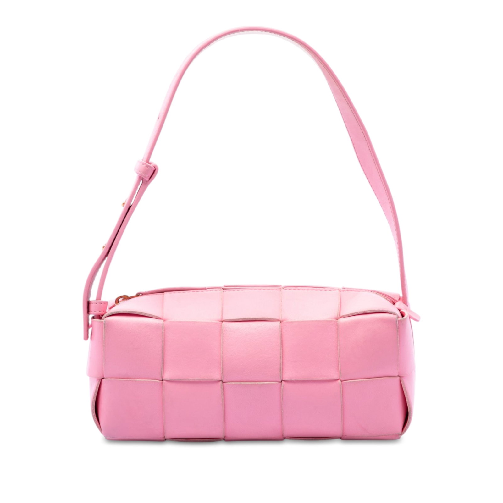 Pink Leather Shoulder Bag Bottega Veneta Small Brick Cassette: Pink Leather Shoulder Bag Bottega Veneta Small Brick Cassette A Bottega Veneta Small Lambskin Intrecciato Brick Cassette shoulder bag in pink. It features a woven lambskin leather body, a flat leather
