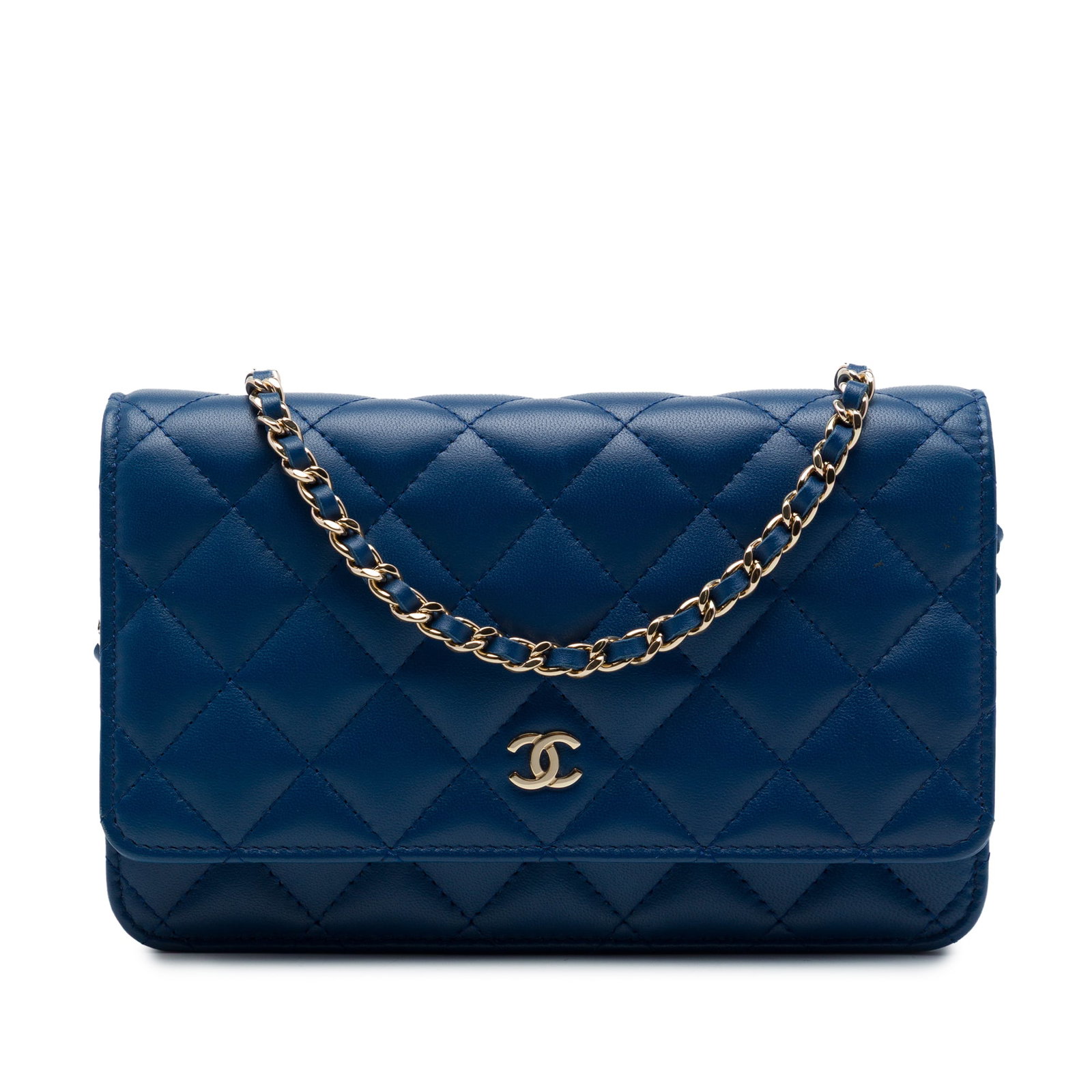 Chanel CC Quilted Lambskin WOC Blue Leather Shoulder Bag: Chanel CC Quilted Lambskin WOC Blue Leather Shoulder Bag A Chanel Wallet On Chain crafted in blue quilted lambskin leather with a leather-woven chain shoulder strap. The design includes a flap with ma
