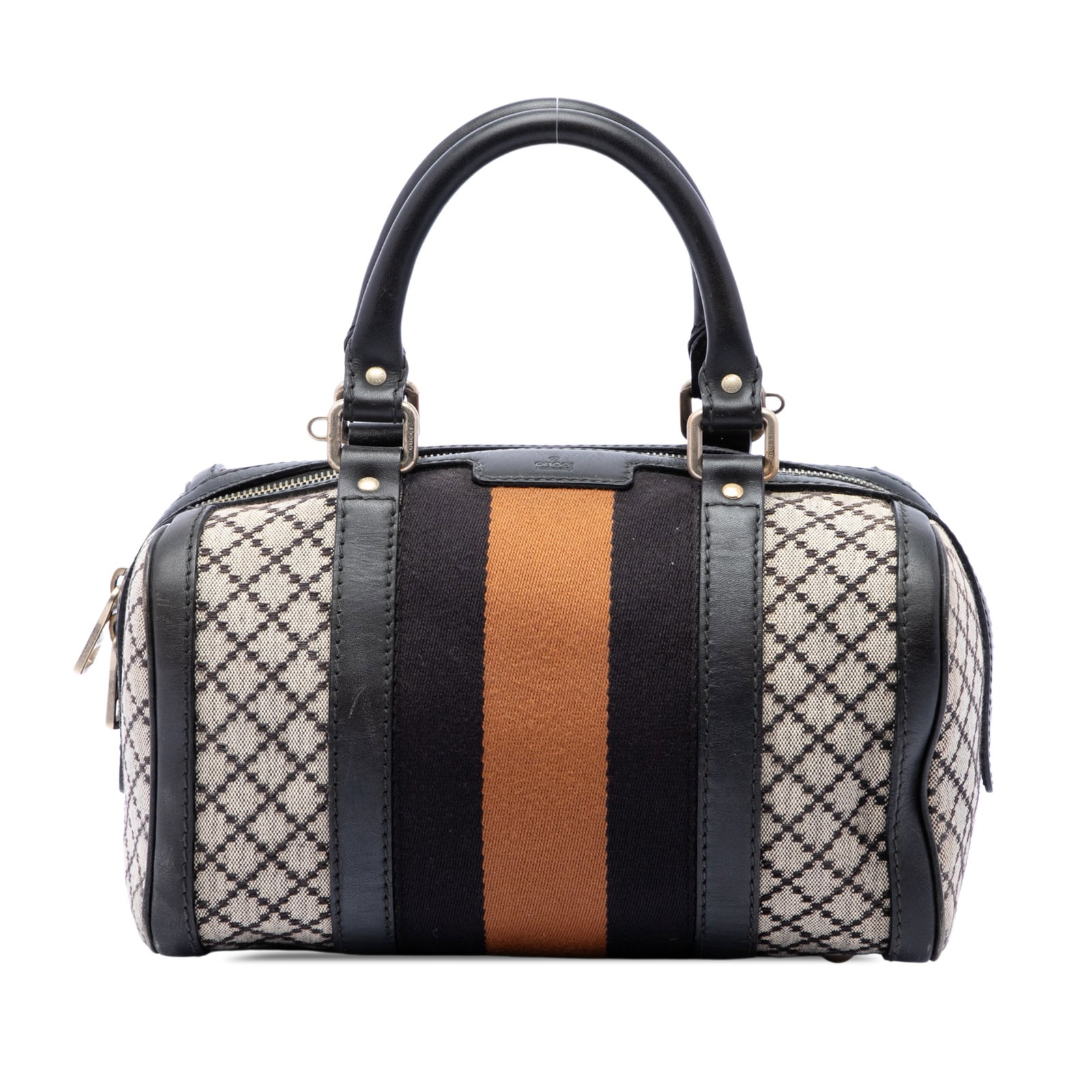Gucci Joy Boston Satchel Small Diamante Canvas Web Trim: Gucci Joy Boston Satchel Small Diamante Canvas Web Trim A Gucci Small Diamante Canvas Web Joy Boston Bag crafted with a canvas body, leather trim, and web detailing. This satchel features rolled leath