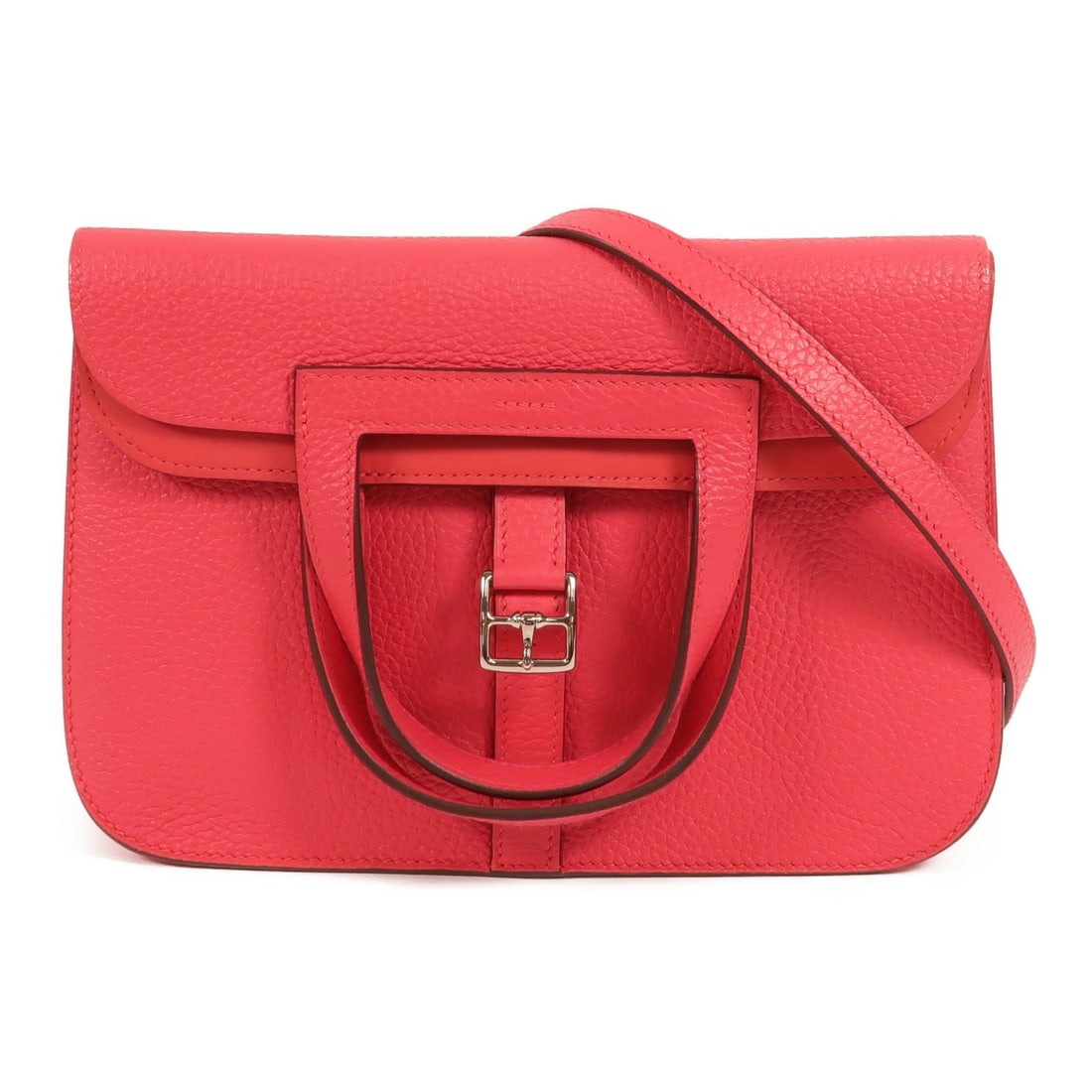 Hermes Halzan 25 Clemence Calfskin 2 Way Shoulder Bag Rose Extreme: Hermes Halzan 25 Clemence Calfskin 2 Way Shoulder Bag Rose Extreme A Hermes Halzan 25 2 Way Shoulder Bag in Rose Extreme and pink tones, crafted from Taurillon Clemence and calfskin (cowhide). This wo