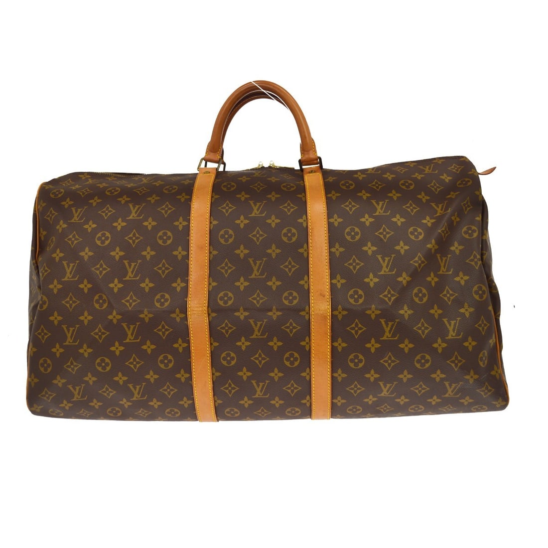 Louis Vuitton Keepall 60 Monogram Canvas Duffle Bag M41422: Louis Vuitton Keepall 60 Monogram Canvas Duffle Bag M41422 Vintage Louis Vuitton Keepall 60 travel handbag in Monogram canvas with leather trim and double handles. This extra-large duffle-style bag fe