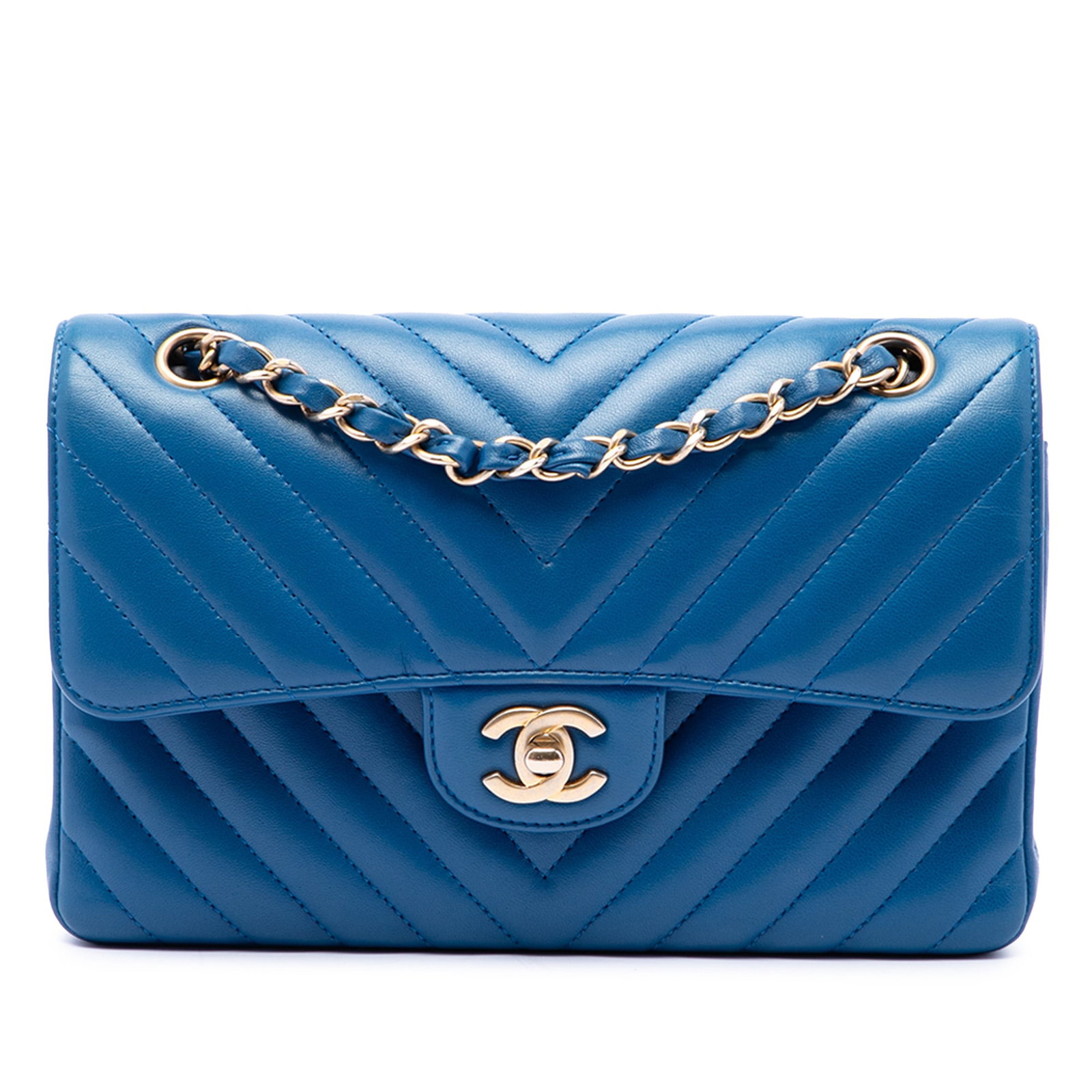 Chanel Small Classic Double Flap Shoulder Bag Blue Lambskin: Chanel Small Classic Double Flap Shoulder Bag Blue Lambskin A Chanel Small Classic Chevron Lambskin Double Flap shoulder bag in blue leather. This bag features a chevron quilted leather body, leather-