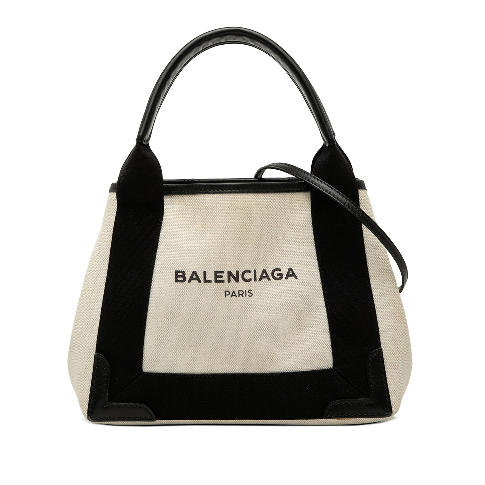 Balenciaga Navy Cabas XS Canvas Satchel with Pouch: Balenciaga Navy Cabas XS Canvas Satchel with Pouch Balenciaga Navy Cabas XS satchel crafted with a canvas body and leather trim. This satchel features flat leather handles, a detachable flat leather s