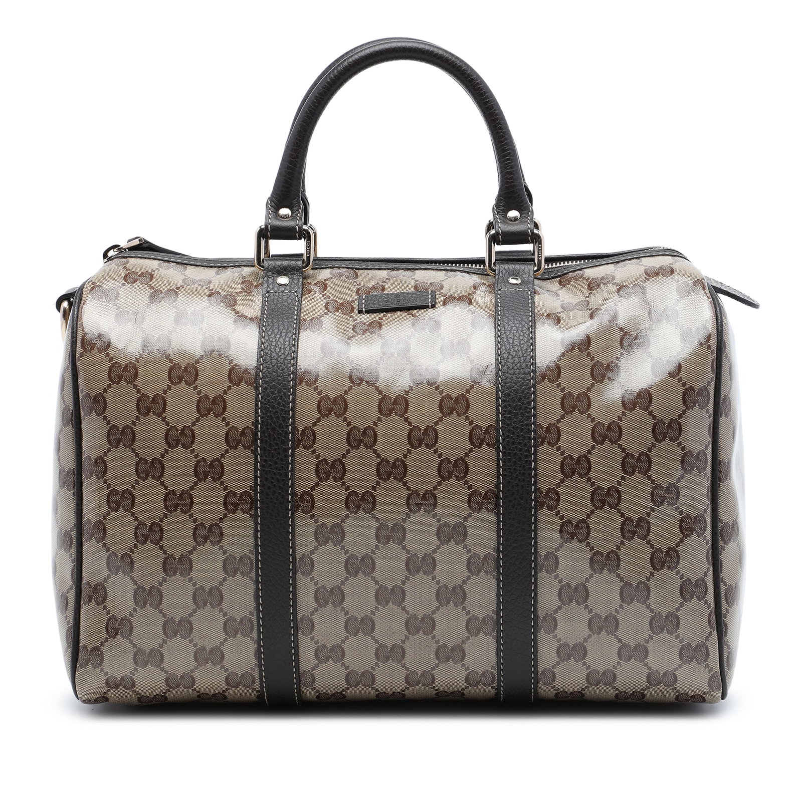 Gucci GG Crystal Joy Medium Boston Bag Beige: Gucci GG Crystal Joy Medium Boston Bag Beige A Gucci Medium GG Crystal Joy Boston Bag in beige with a coated canvas body, leather trim, and rolled leather handles. The bag features a top zip closure a