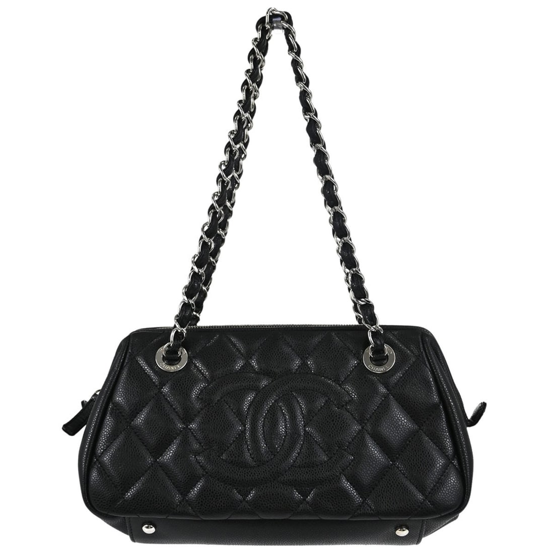 CHANEL Caviar Skin Leather Bowler Handbag Black Top Handle: CHANEL Caviar Skin Leather Bowler Handbag Black Top Handle Chanel black calfskin bowler handbag with a structured top handle design and zip closure. This medium handbag features black leather with log