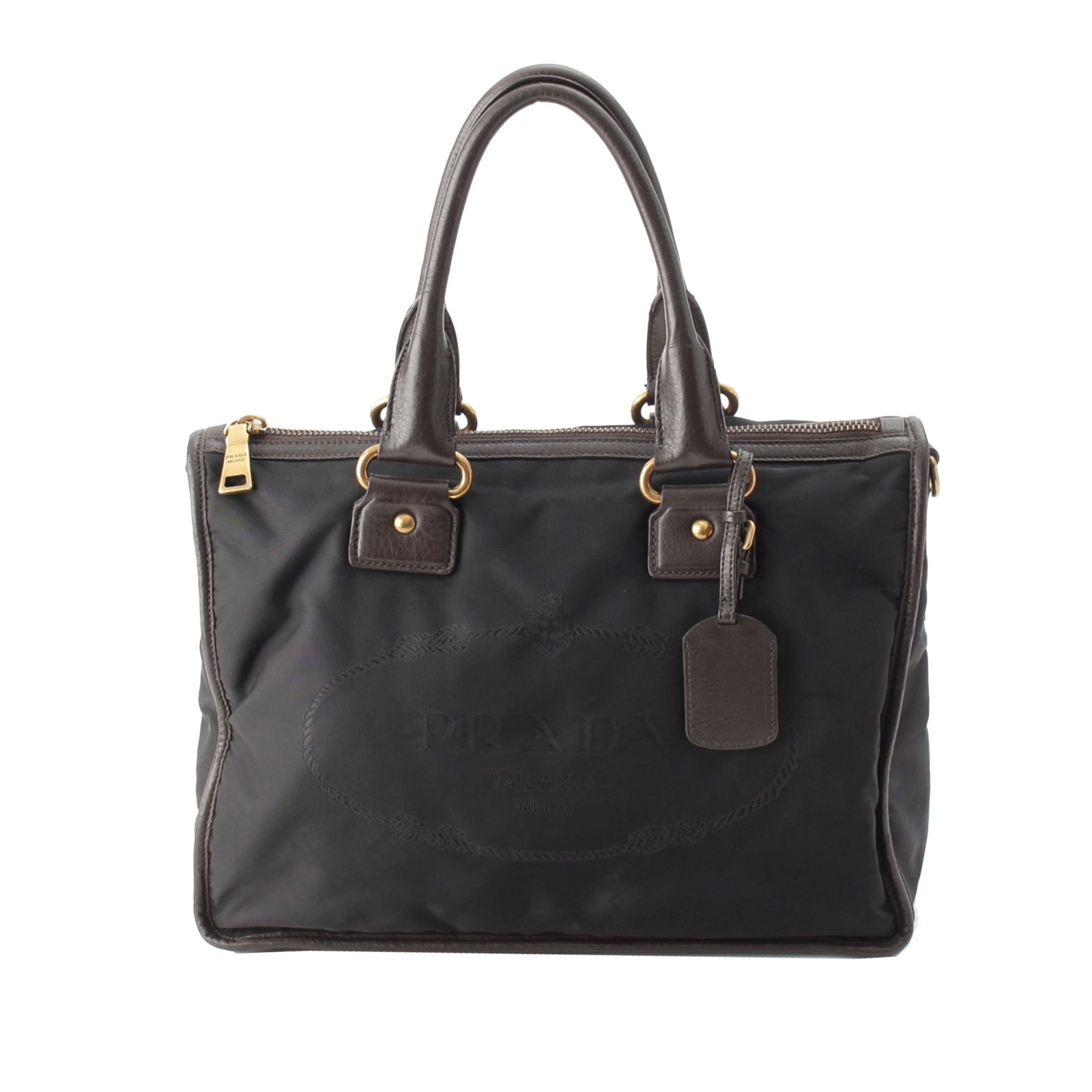 Prada Tessuto Canapa handbag in black nylon with leather trim: Prada Tessuto Canapa handbag in black nylon with leather trim Prada Tessuto Canapa Logo Satchel in black with a nylon body and leather trim. This satchel features rolled leather handles, a detachable 