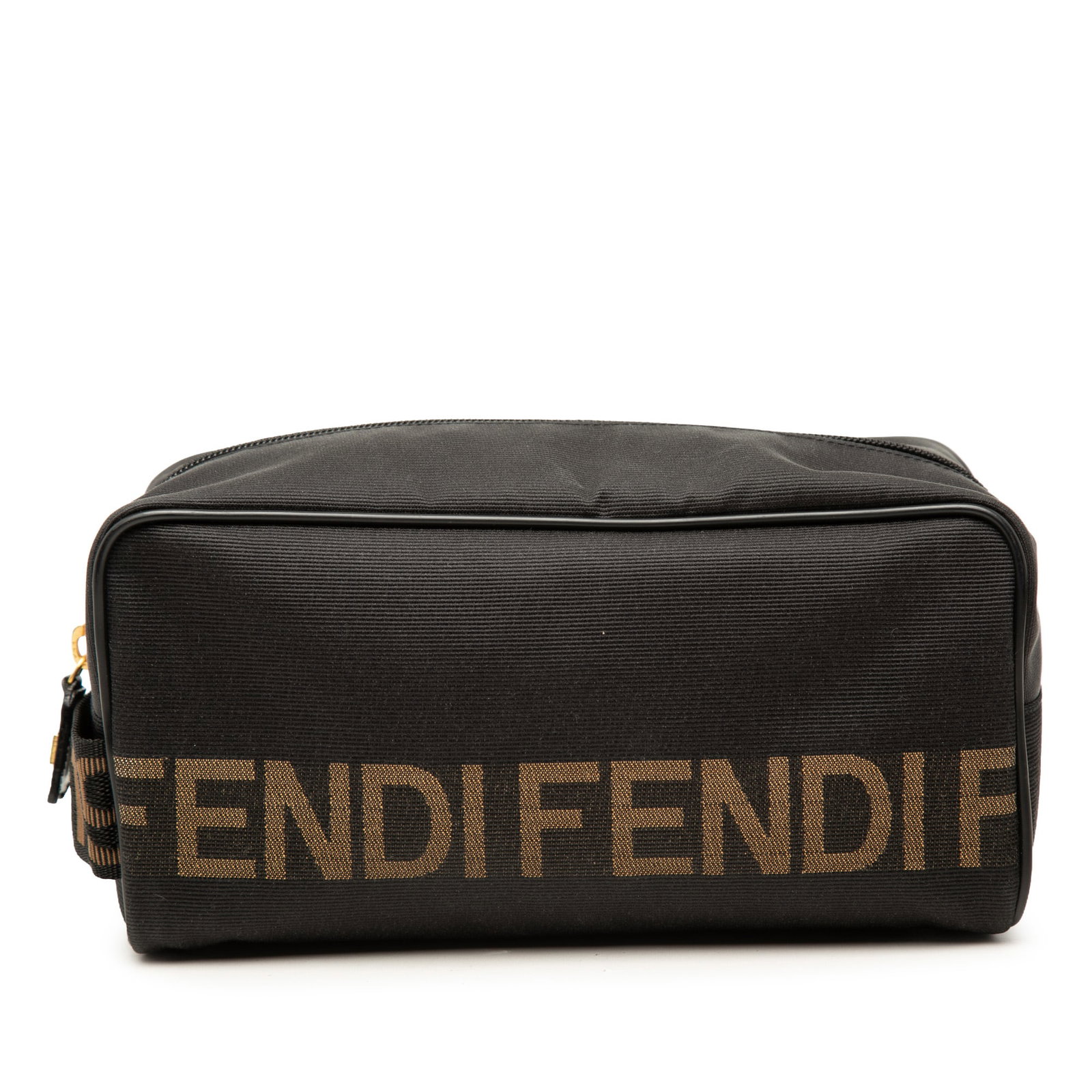 Fendi Nylon Logo Wristlet Toiletry Pouch Black Fabric: Fendi Nylon Logo Wristlet Toiletry Pouch Black Fabric A Fendi toiletry pouch crafted in nylon with logo detailing, featuring a flat wrist handle and top zip closure. Made in Italy, this black pouch of