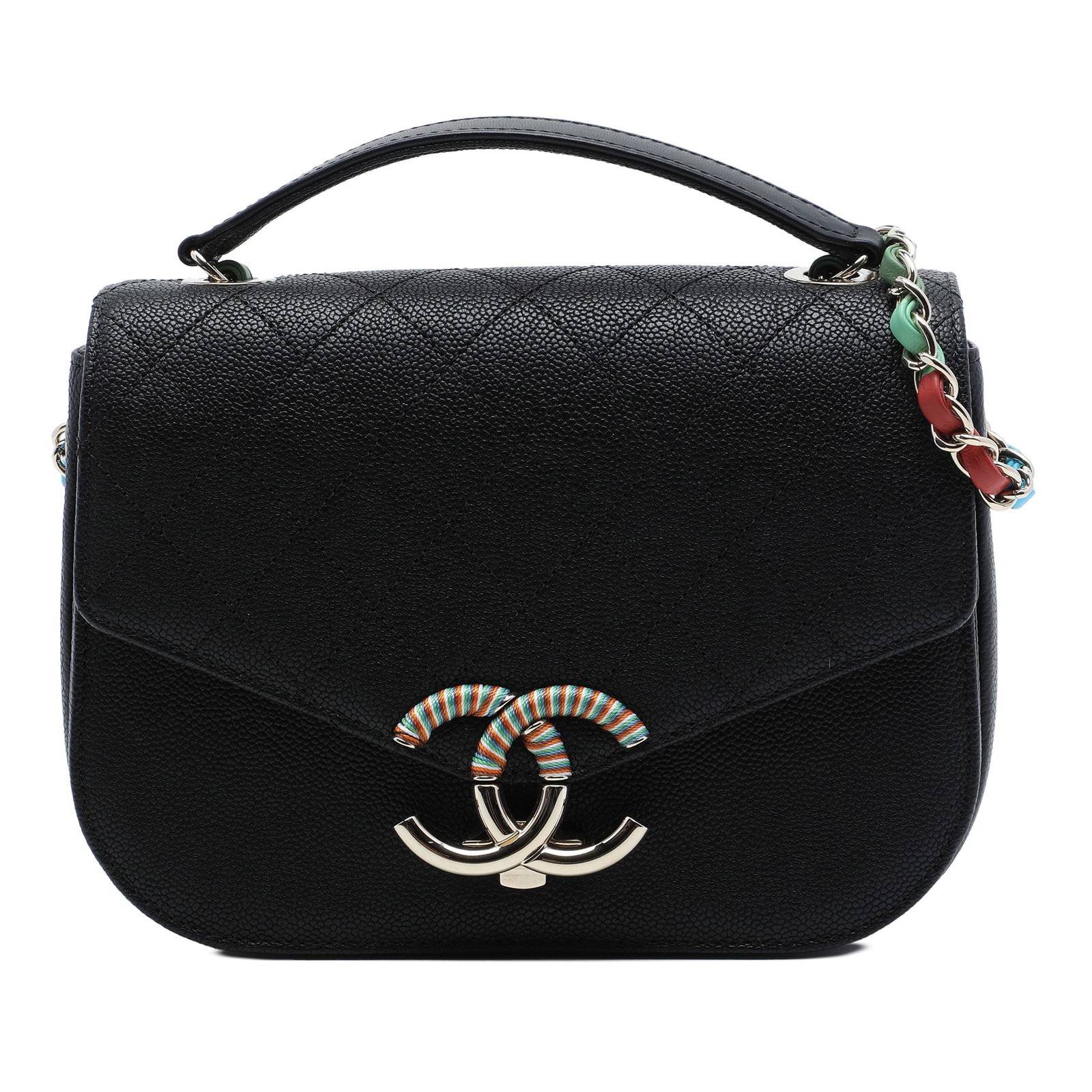 Chanel Paris Cuba Medium Flap Crossbody in Black Quilted Caviar Leather: Chanel Paris Cuba Medium Flap Crossbody in Black Quilted Caviar Leather Medium Chanel Paris Cuba flap bag in black quilted caviar leather with thread-around detailing. This crossbody bag features a fl