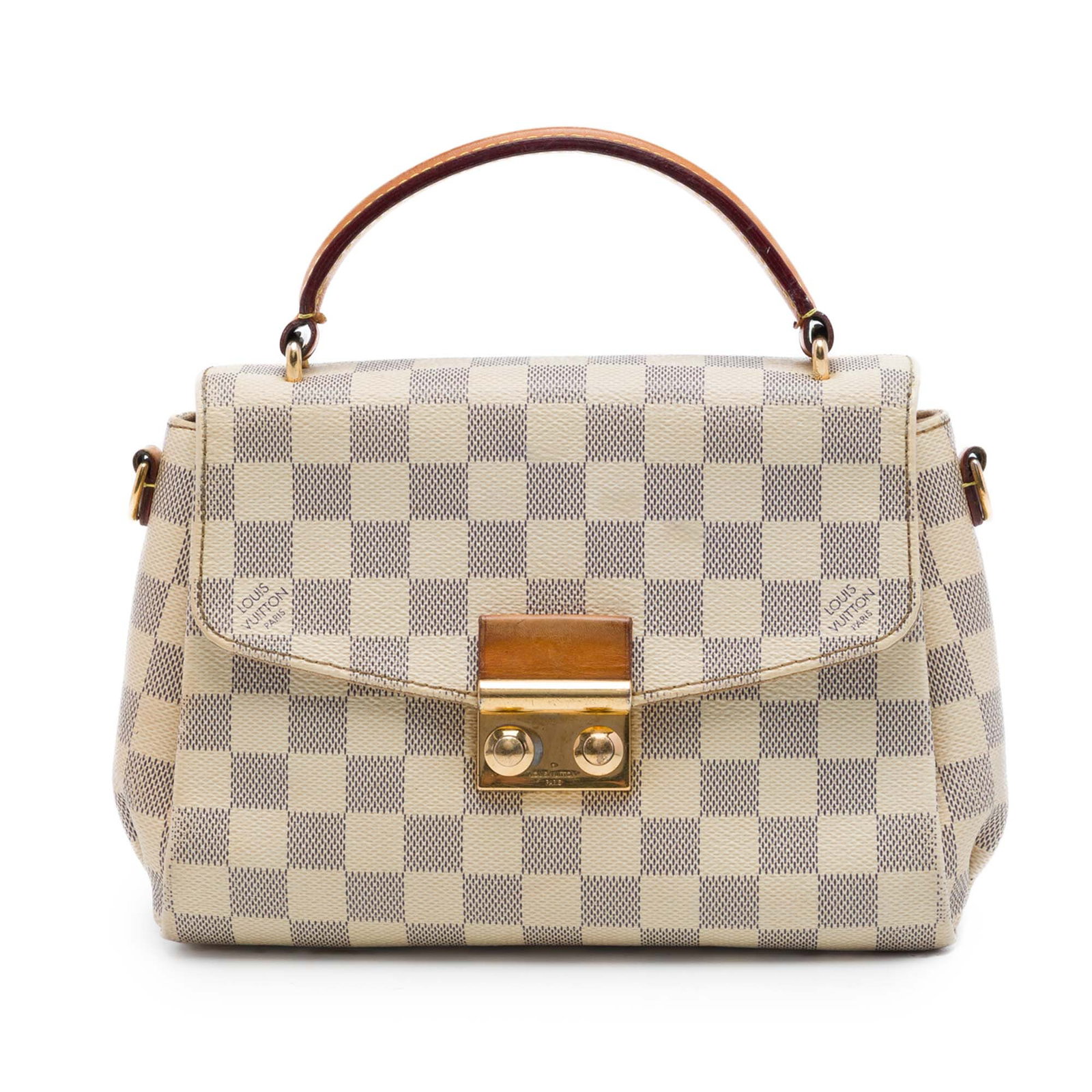 Louis Vuitton Croisette Damier Azur handbag with vachetta trim: Louis Vuitton Croisette Damier Azur handbag with vachetta trim Louis Vuitton Damier Azur Croisette handbag crafted with a damier azur canvas body and vachetta leather trim. The design includes a leath