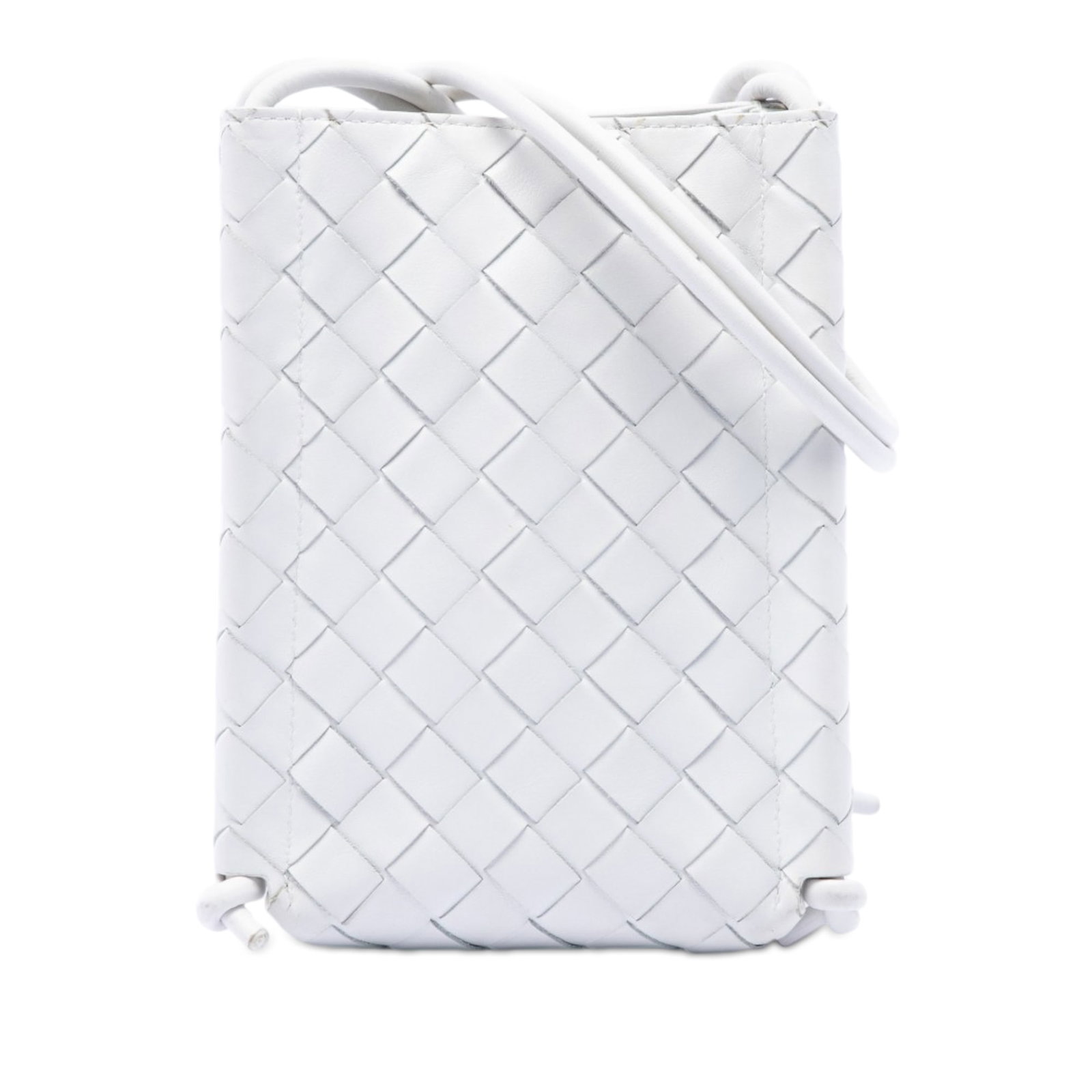 Bottega Veneta Intrecciato Nappa Leather Crossbody Phone Bag: Bottega Veneta Intrecciato Nappa Leather Crossbody Phone Bag A compact Bottega Veneta phone holder crafted in white woven nappa leather with a crossbody silhouette. It features a rolled leather strap,