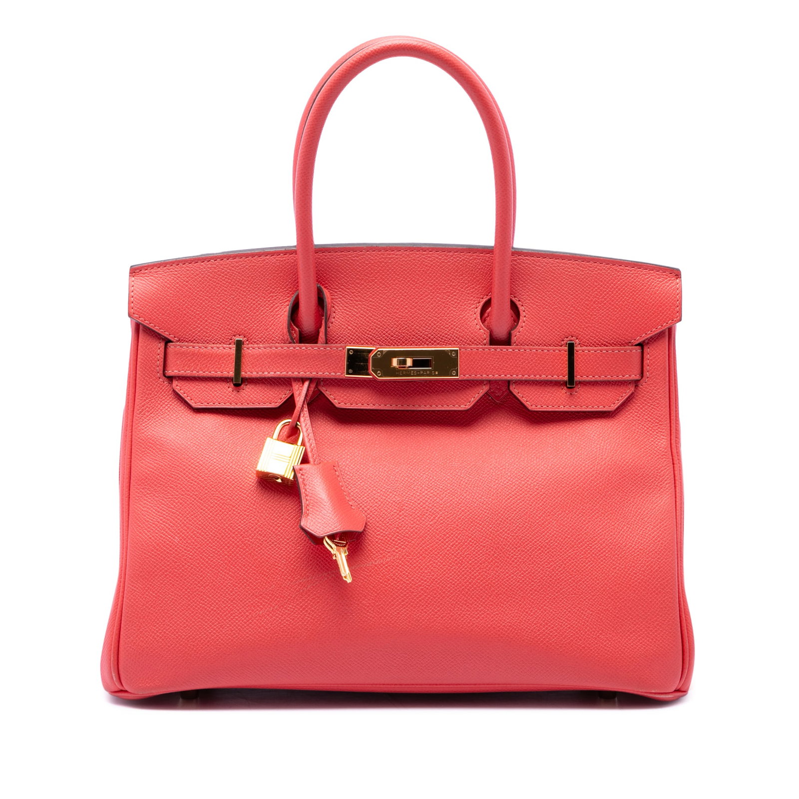 Hermes Epsom Birkin Retourne 30 Pink Leather Handbag: Hermes Epsom Birkin Retourne 30 Pink Leather Handbag Hermes Birkin Retourne 30 in pink leather with rolled leather handles, a front flap with strap and turn-lock closure, and an interior with zip and 