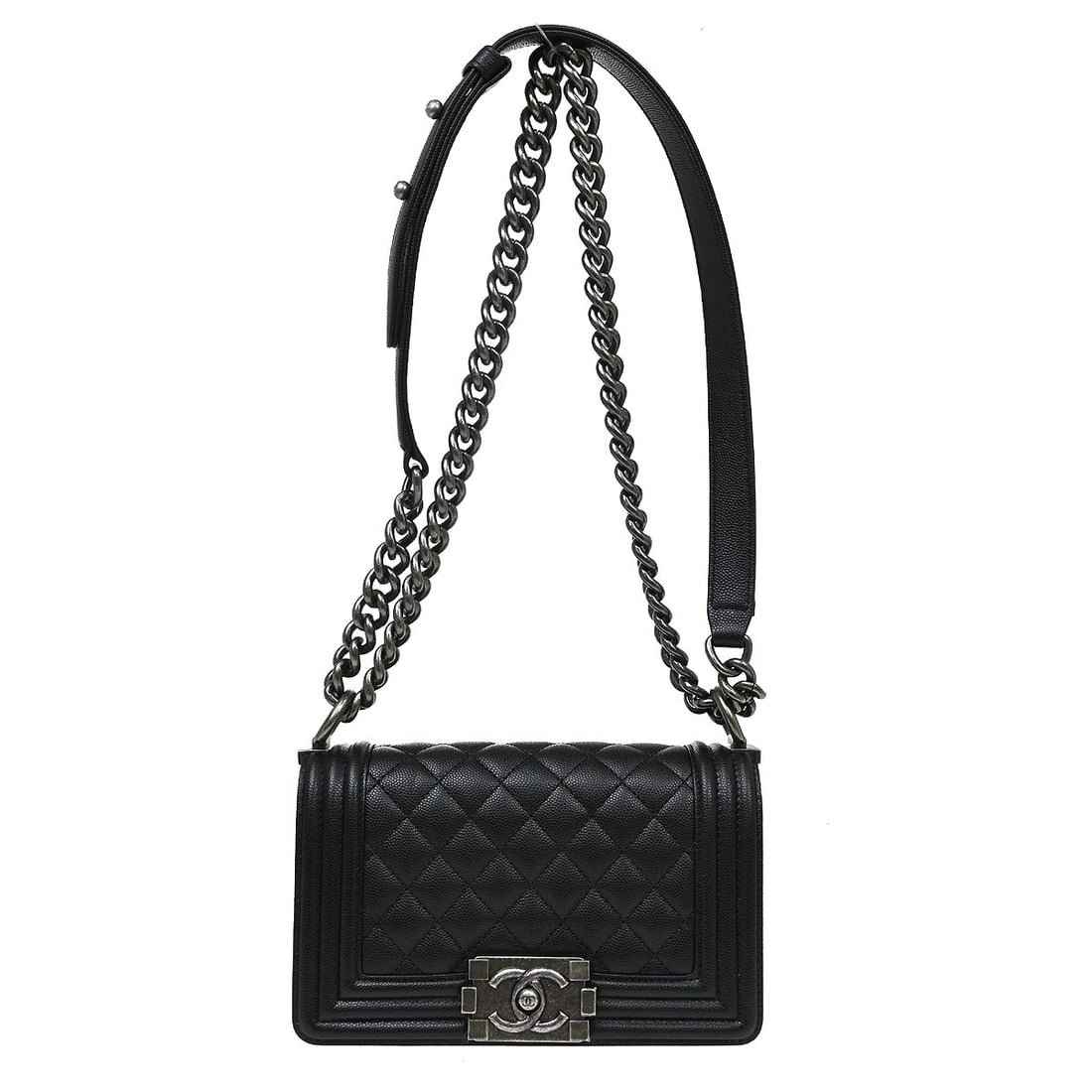 CHANEL Boy Chanel Mini Black Caviar Leather Shoulder Bag: CHANEL Boy Chanel Mini Black Caviar Leather Shoulder Bag Boy Chanel small chain shoulder bag in black caviar skin leather with a clasp flap closure, fabric lining, and an interior pocket. Made in Ital