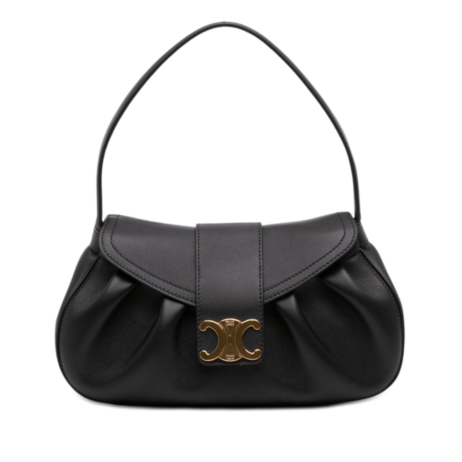 Celine Triomphe Polly Medium Black Leather Shoulder Bag: Celine Triomphe Polly Medium Black Leather Shoulder Bag A medium Polly shoulder bag crafted in calfskin leather with a structured silhouette and classic front flap design. It features a flat leather s