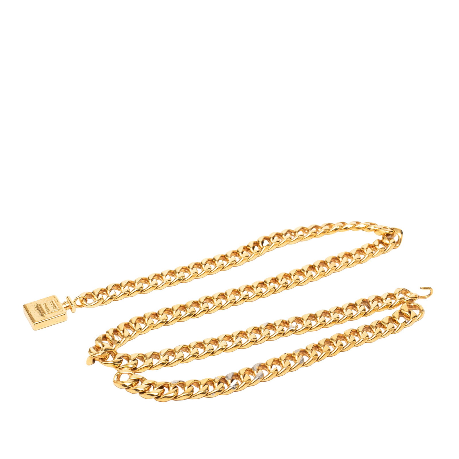 Chanel perfume bottle charm gold plated chain belt: Chanel perfume bottle charm gold plated chain belt Chanel chain belt with a chunky gold plated link design and a perfume bottle-shaped charm. It features a hook clasp closure and shows visible wear co