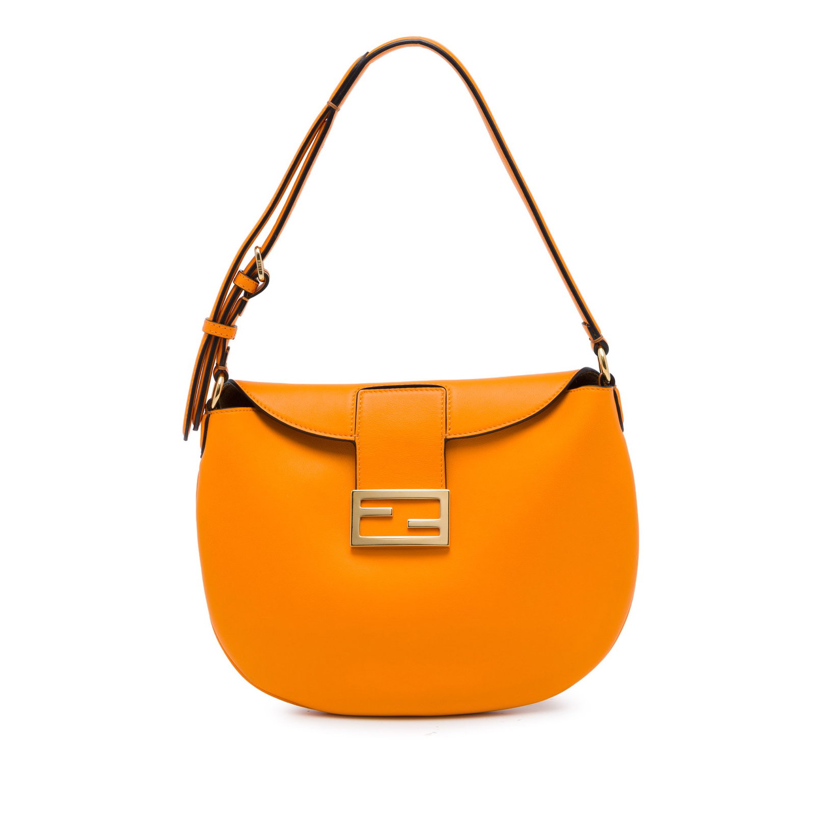 Fendi Croissant Small Orange Leather Hobo Shoulder Bag: Fendi Croissant Small Orange Leather Hobo Shoulder Bag A compact hobo bag crafted in orange leather with an adjustable flat shoulder strap. The design features a top flap with a gold-tone FF logo and 