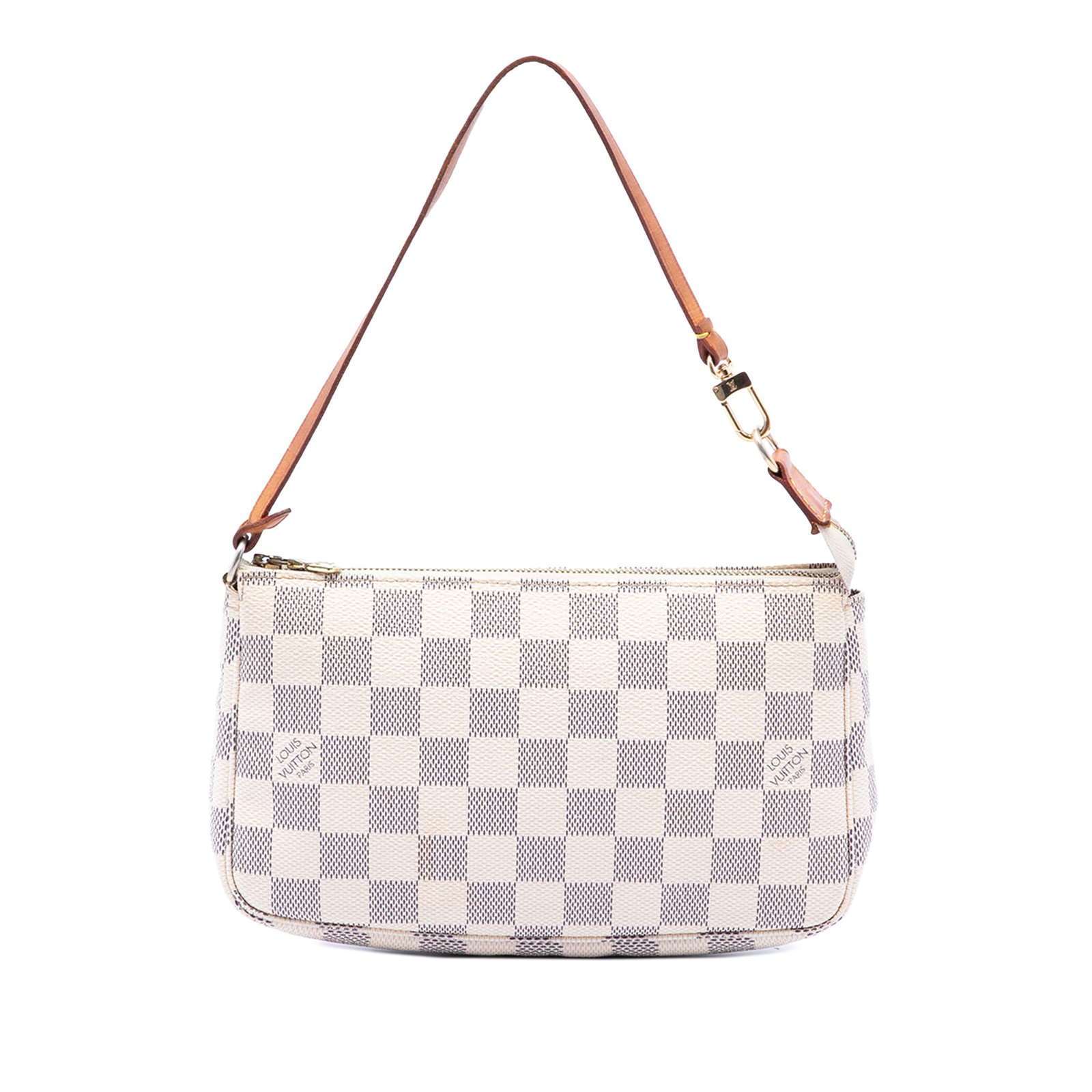 Louis Vuitton Damier Azur Pochette Accessoires Shoulder Bag: Louis Vuitton Damier Azur Pochette Accessoires Shoulder Bag A Louis Vuitton Damier Azur Pochette Accessoires crafted in damier canvas with a flat vachetta leather strap and top zip closure. This piece
