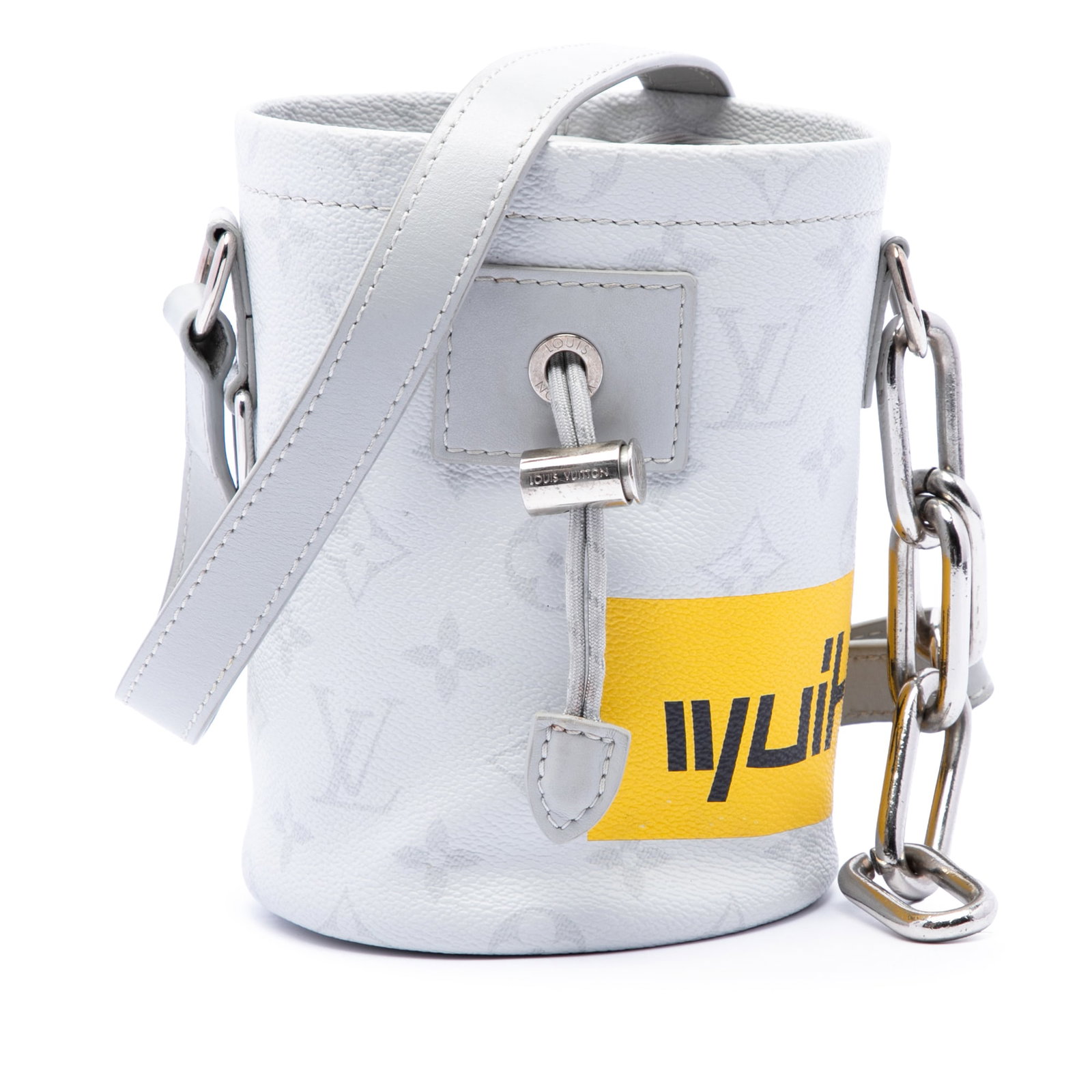 Louis Vuitton Monogram Chalk Nano Sling Drawstring Bag: Louis Vuitton Monogram Chalk Nano Sling Drawstring Bag Louis Vuitton Monogram Chalk Nano Sling Bag with a monogram canvas body, leather trim, a flat leather back strap, and a drawstring closure. Made 