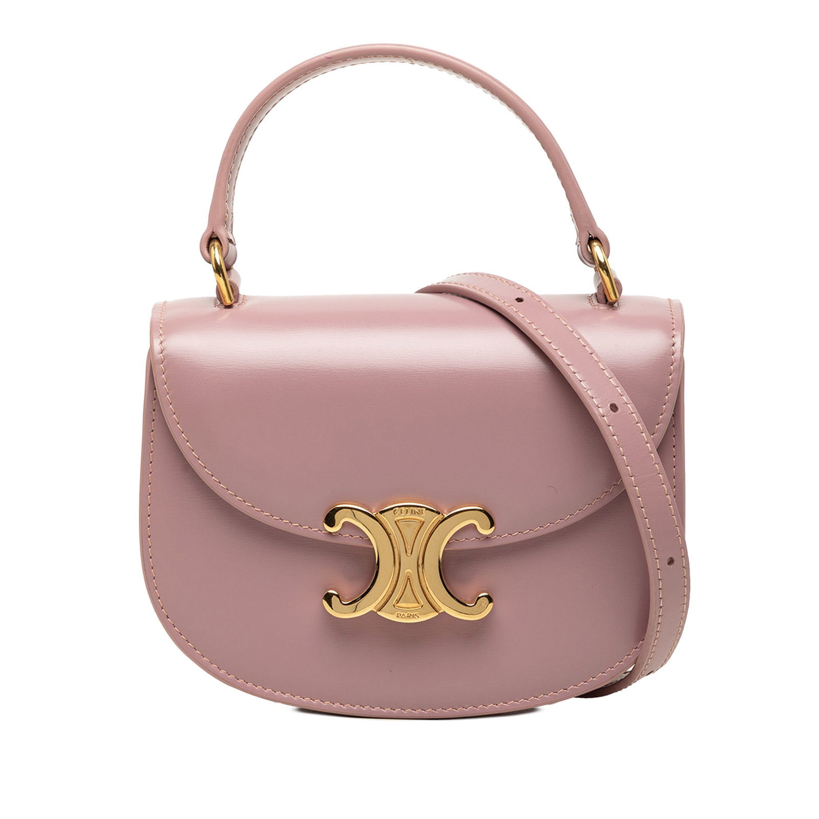 Celine Clea Mini Besace Satchel in Pink Shiny Calfskin: Celine Clea Mini Besace Satchel in Pink Shiny Calfskin A compact Celine Besace Clea satchel crafted in shiny calfskin leather with a structured silhouette. This mini bag features a flat top handle, an
