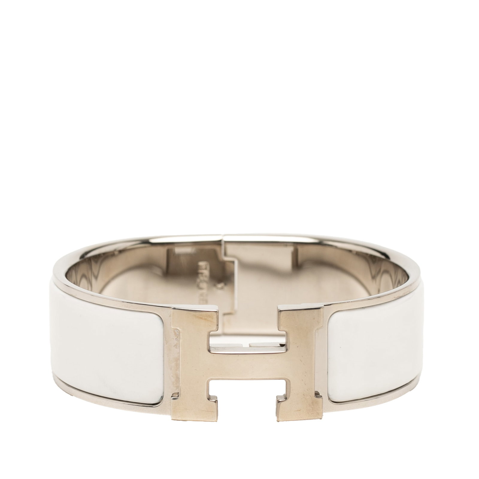 Hermes Clic Clac H GM wide enamel bracelet: Hermes Clic Clac H GM wide enamel bracelet Hermes Wide Enamel Clic Clac H Bracelet GM with an enamel body, palladium-plated metal accents, and a metal clasp closure. This bracelet is made in France an