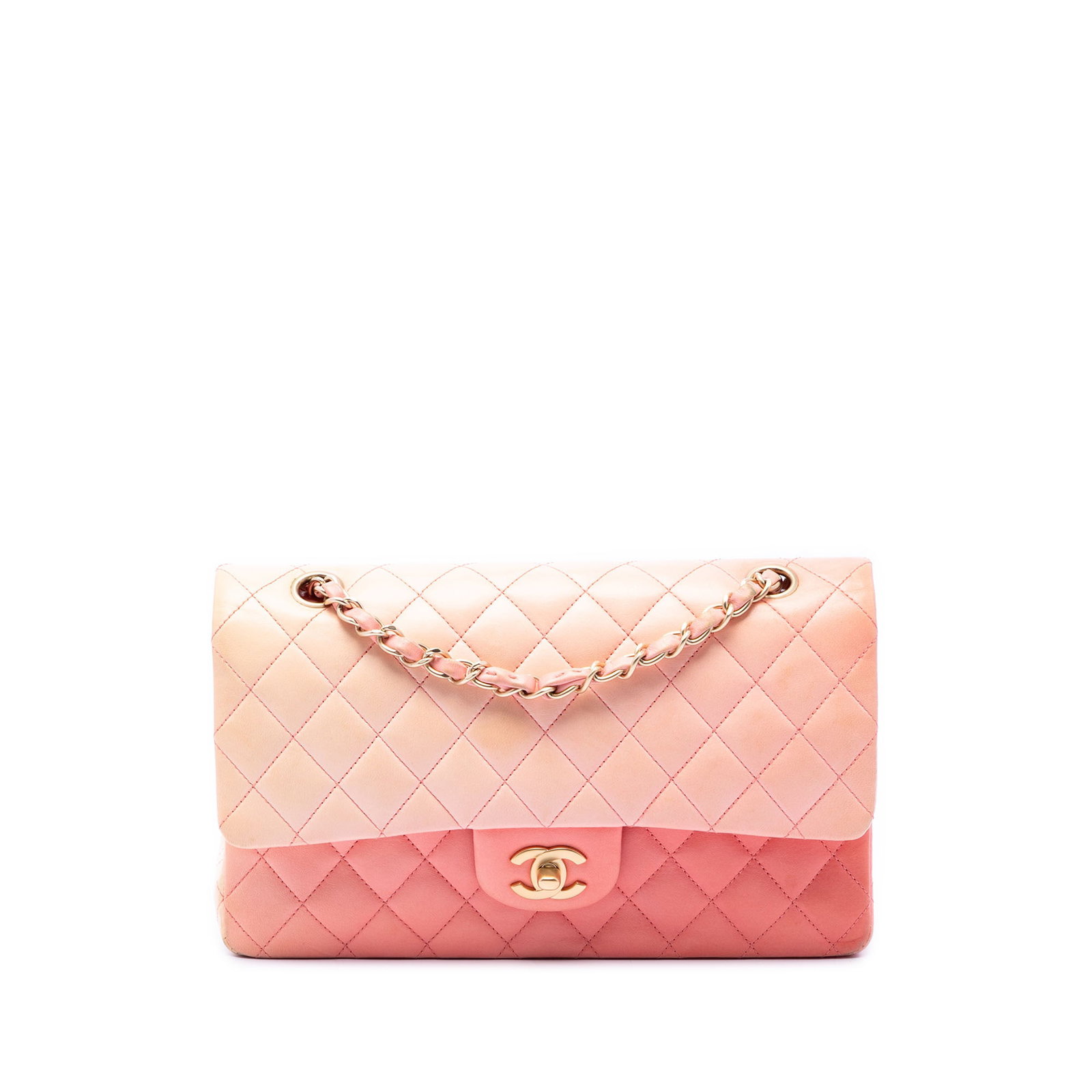 Chanel Medium Classic Double Flap Shoulder Bag Pink Lambskin: Chanel Medium Classic Double Flap Shoulder Bag Pink Lambskin A Chanel Medium Classic Ombre Double Flap shoulder bag crafted in quilted lambskin leather. This bag features leather-woven chain link stra