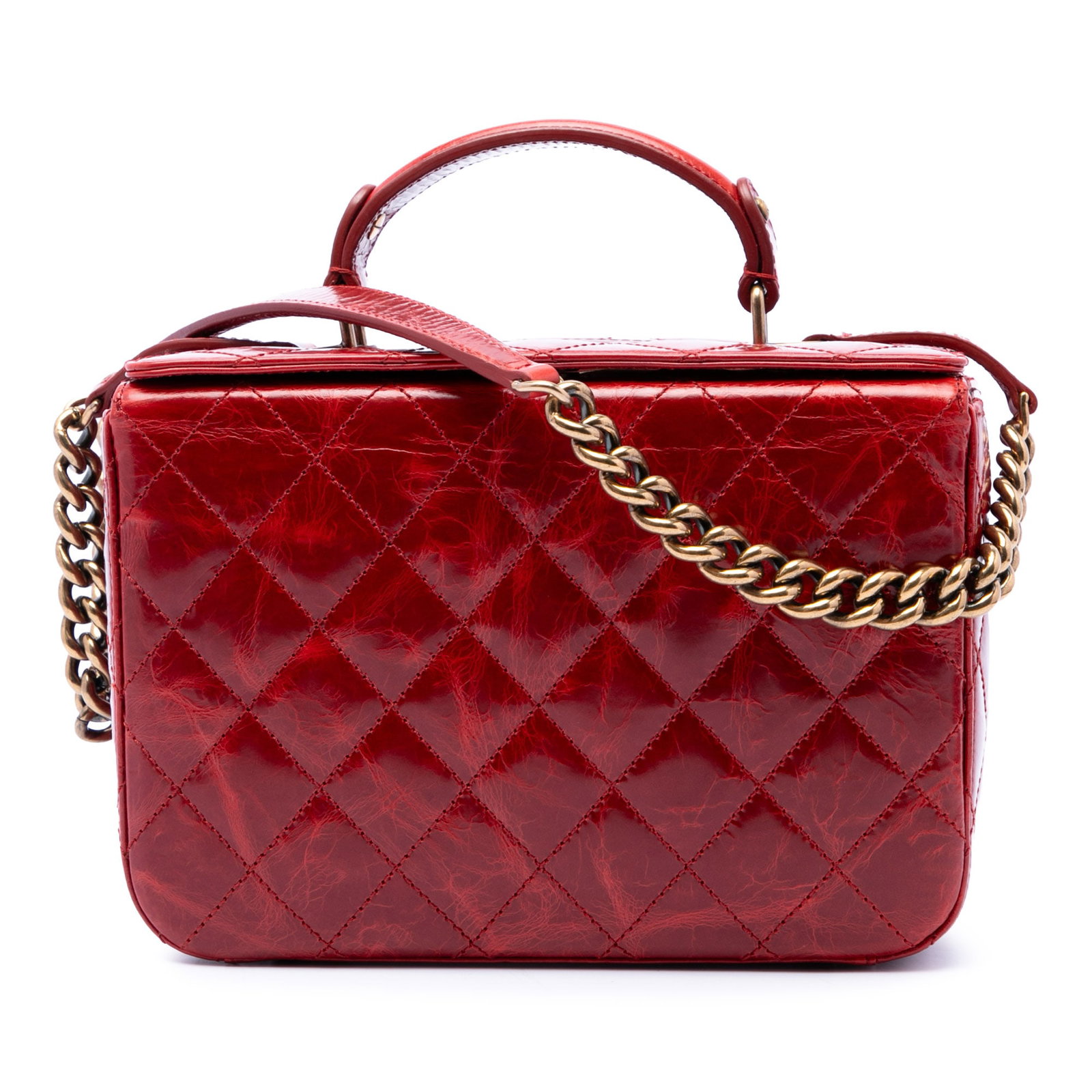 Chanel CC Vanity Case Red Quilted Glazed Calfskin Bag: Chanel CC Vanity Case Red Quilted Glazed Calfskin Bag A Chanel vanity case crafted in red quilted glazed calfskin with a structured silhouette. It features a flat leather top handle, a curb chain link