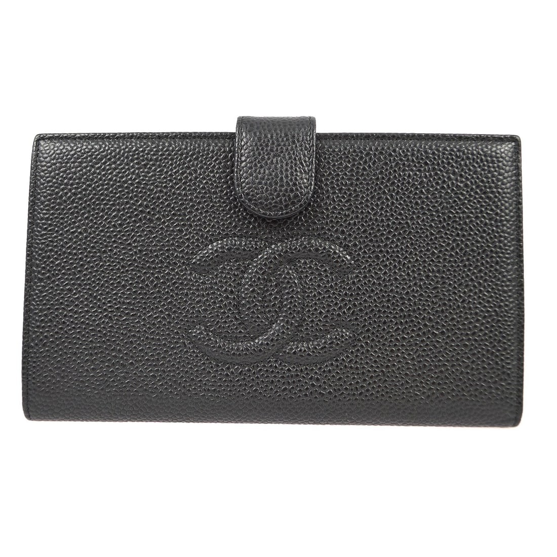 Chanel CC Black Caviar Skin Leather Bifold Wallet: Chanel CC Black Caviar Skin Leather Bifold Wallet Black Chanel long bifold wallet purse in caviar skin leather with a CC pattern. This women's wallet features a structured bifold design with organized