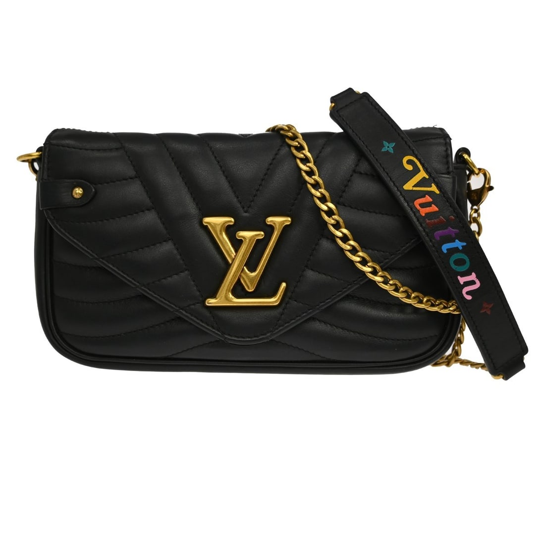 Louis Vuitton New Wave leather shoulder bag wallet M63298 black: Louis Vuitton New Wave leather shoulder bag wallet M63298 black Vintage Louis Vuitton New Wave long wallet shoulder bag in noir black leather with logo accents. This women's shoulder bag features a sl