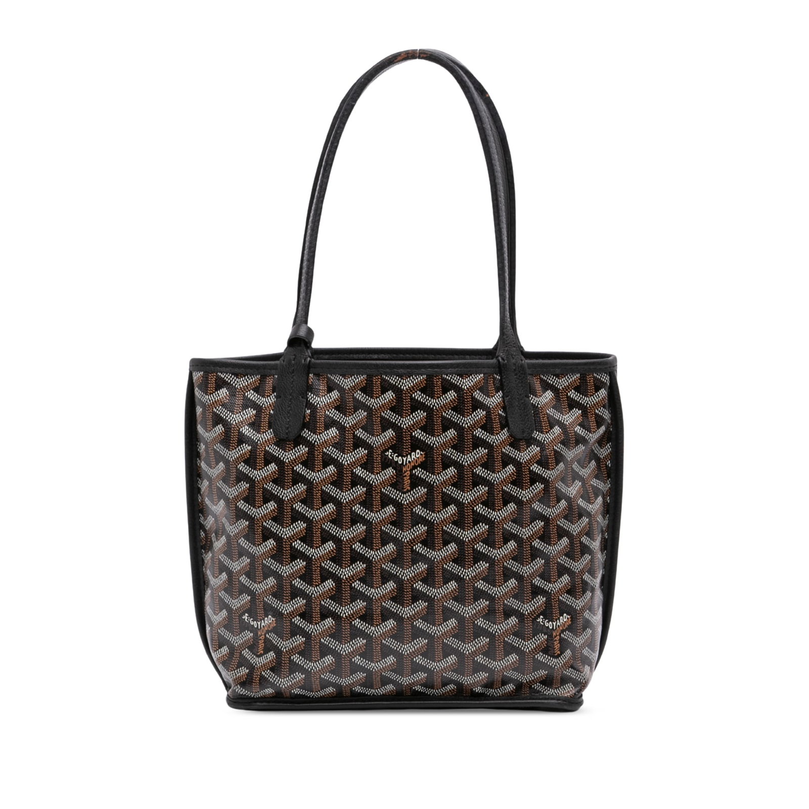 Goyard Mini Anjou Reversible Tote Bag Black Goyardine: Goyard Mini Anjou Reversible Tote Bag Black Goyardine A Goyard Mini Goyardine Reversible Anjou bag in black with a coated canvas body, leather trim, flat leather handles, an open top, and an interior 