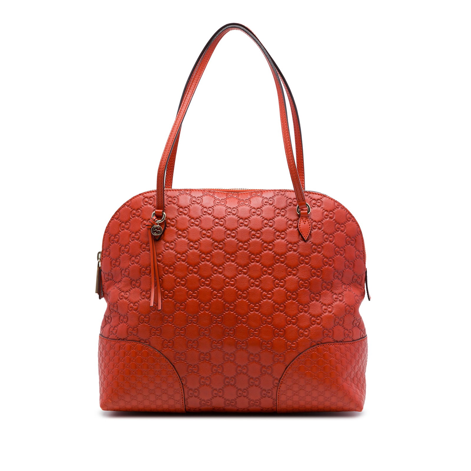 Gucci Bree Dome Tote in Orange Embossed Leather: Gucci Bree Dome Tote in Orange Embossed Leather A Gucci Medium Guccissima Bree Dome Tote crafted in embossed leather with flat leather straps and a zip-around closure. The interior includes zip and sl