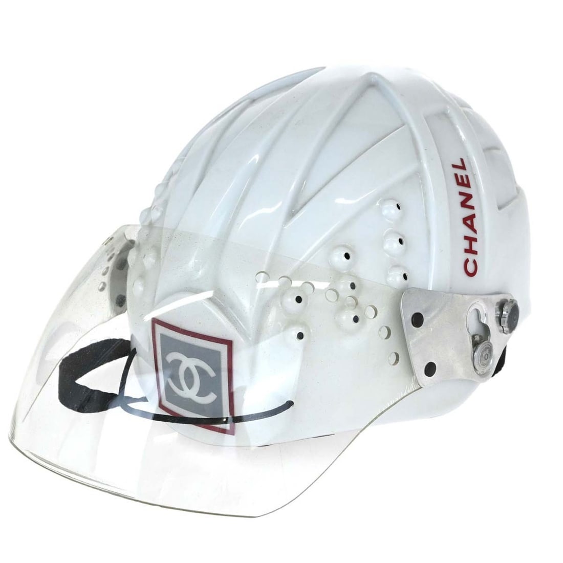 CHANEL Sport Line White Acrylic Helmet Hat Small: CHANEL Sport Line White Acrylic Helmet Hat Small Chanel Sport Line white helmet in small size for women. This casual style features logo accents and is made in Germany. The helmet shows scratches and 