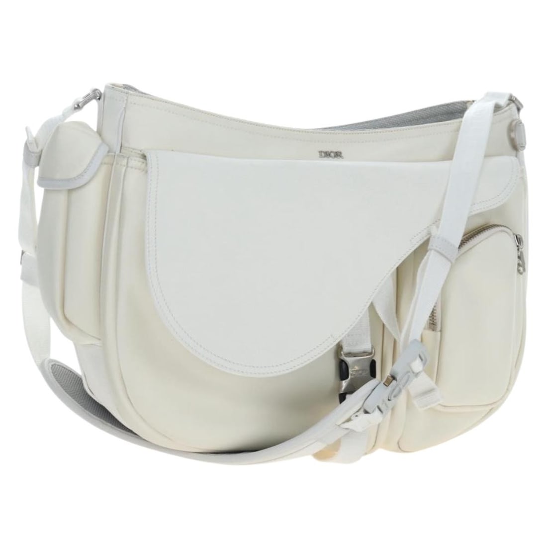 Christian Dior Sacai Collaboration Nylon Shoulder Bag White Silver: Christian Dior Sacai Collaboration Nylon Shoulder Bag White Silver Christian Dior Saddle messenger shoulder bag from the Sacai collaboration, crafted in white and silver nylon. Made in Italy, this wom