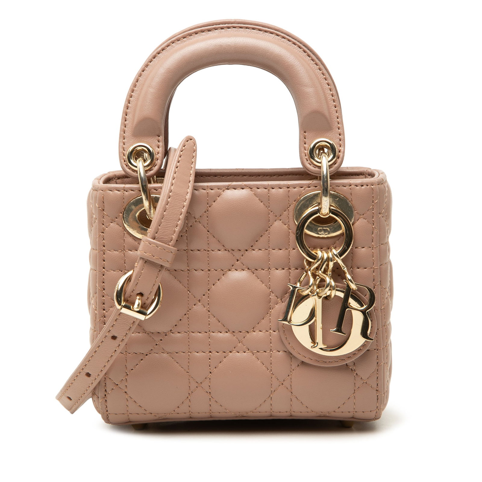 Dior Lady Dior Mini Cannage Lambskin Bag Brown: Dior Lady Dior Mini Cannage Lambskin Bag Brown Mini Lady Dior handbag in brown quilted lambskin leather with Cannage detailing. It features flat leather top handles, a detachable embellished leather s
