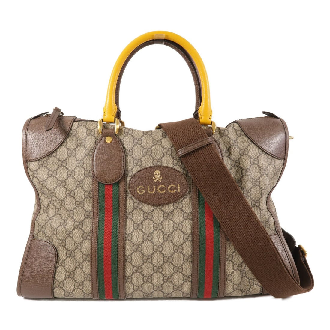 GUCCI 459311 GG Supreme 2 Way Duffle Bag Brown Coated Canvas: GUCCI 459311 GG Supreme 2 Way Duffle Bag Brown Coated Canvas A GUCCI GG Supreme duffle bag in brown PVC coated canvas, designed as a 2-way shoulder bag. It features a shoulder strap and storage bag ac