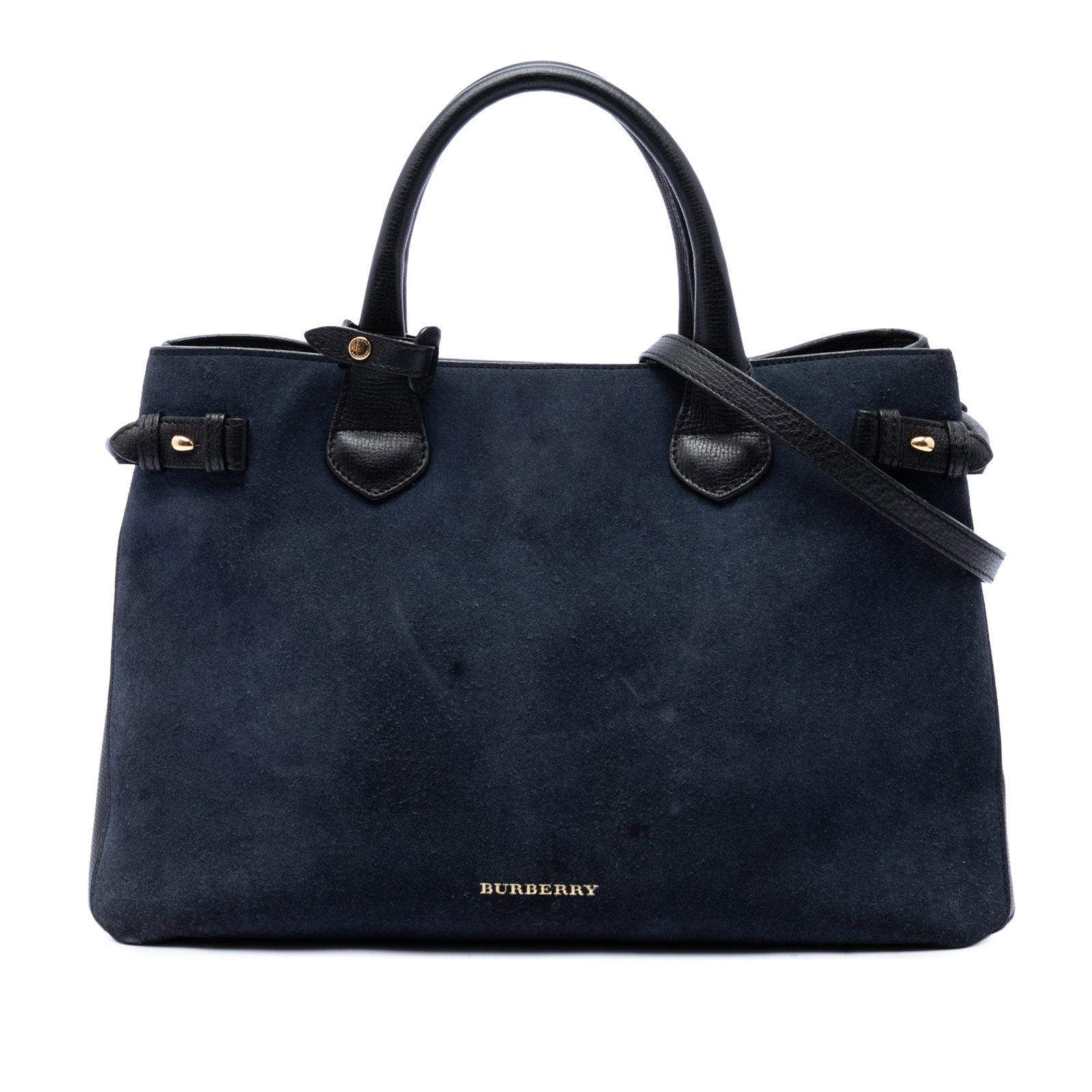 Burberry Banner Medium Blue Suede Calfskin Satchel: Burberry Banner Medium Blue Suede Calfskin Satchel A Burberry Medium Banner satchel crafted in suede with calf leather trim. This structured handbag features rolled leather handles, an adjustable and 
