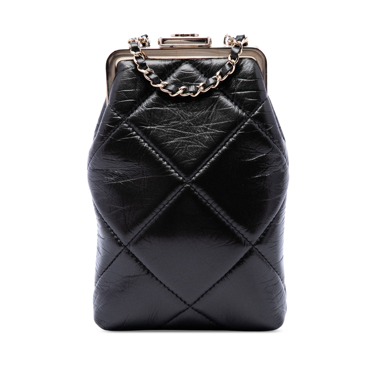 Chanel Small CC kisslock frame clutch in black quilted lambskin: Chanel Small CC kisslock frame clutch in black quilted lambskin A compact Chanel clutch crafted in black quilted lambskin leather with the signature CC design. This piece features a metal frame with a