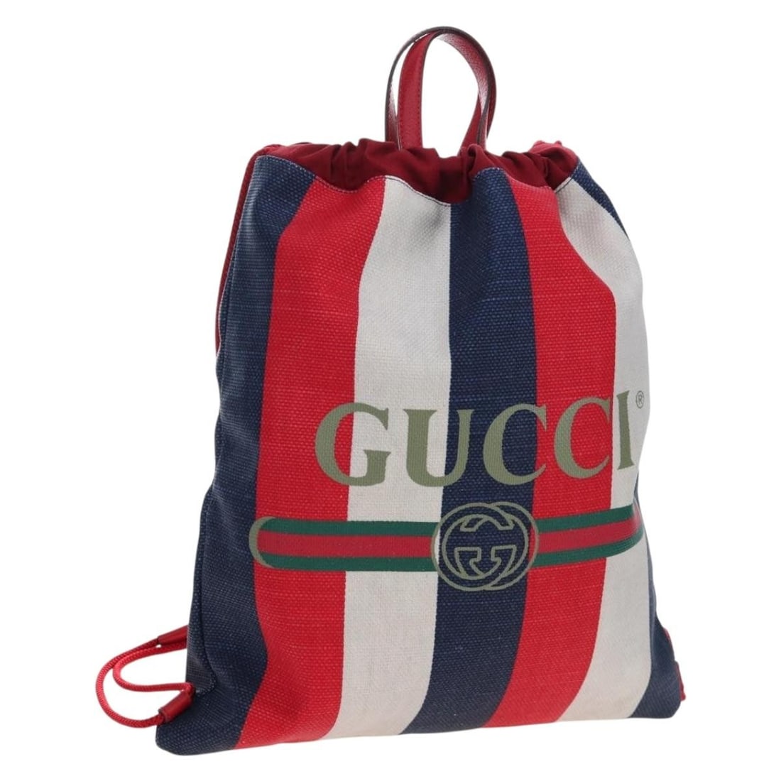 Red Coated Canvas Gucci Backpack 473872 with Dust Bag Box: Red Coated Canvas Gucci Backpack 473872 with Dust Bag Box Gucci red coated canvas backpack with a slim profile and included dust bag and item box. This women's backpack is made in Italy and shows ligh