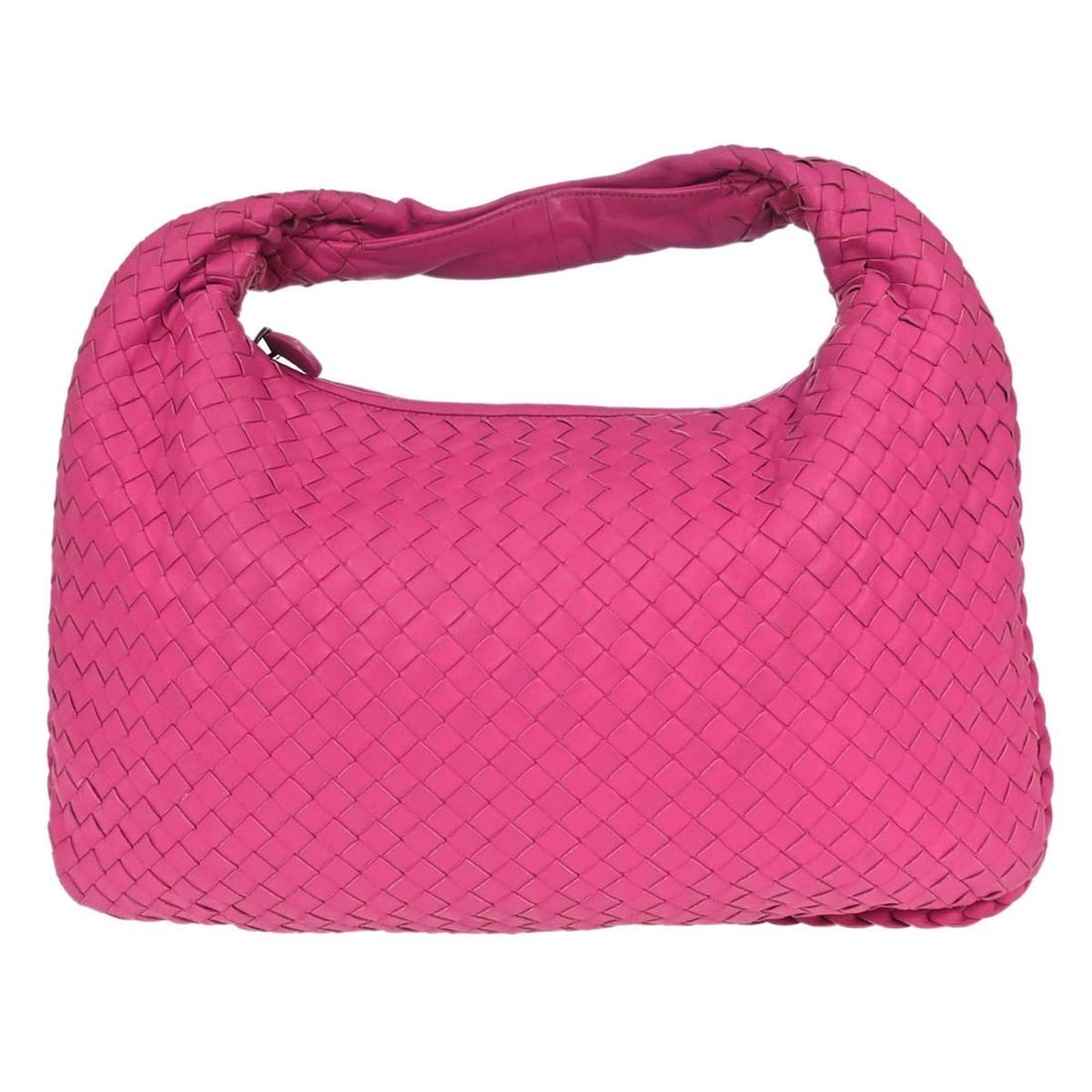 Bottega Veneta Intrecciato Pink Lambskin Hobo Bag Medium: Bottega Veneta Intrecciato Pink Lambskin Hobo Bag Medium Bottega Veneta Intrecciato hobo handbag in pink lambskin with a gray lining. This medium women's bag features a top handle, woven Intrecciato p