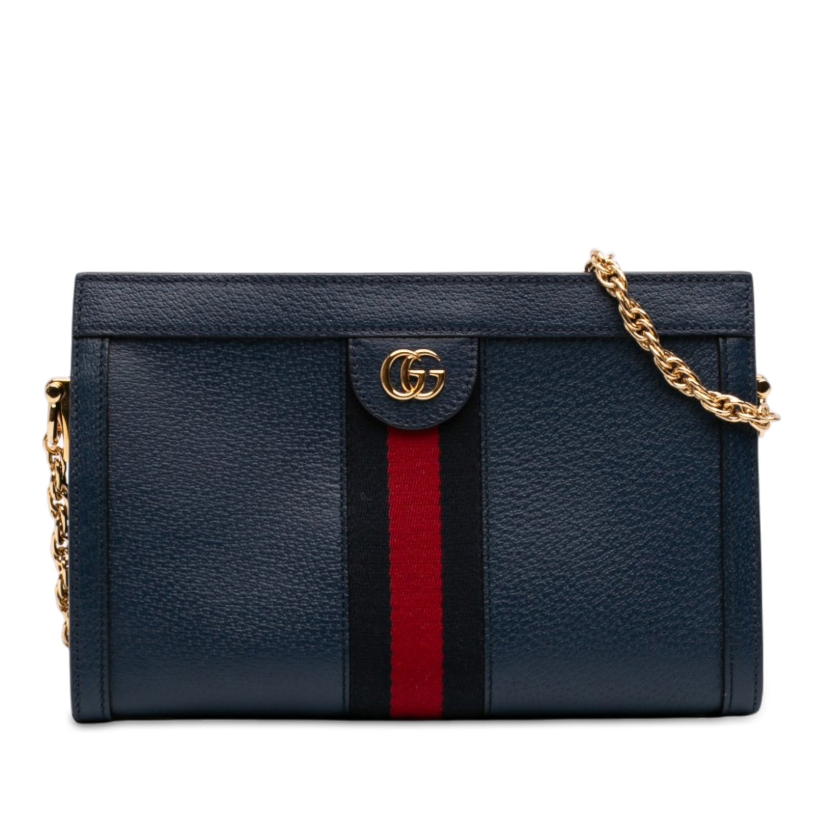 Gucci Ophidia Small Blue Leather Chain Crossbody Bag: Gucci Ophidia Small Blue Leather Chain Crossbody Bag Small Gucci Ophidia chain crossbody bag in blue calfskin leather with web detail. The design features a chain link shoulder strap, magnetic snap bu