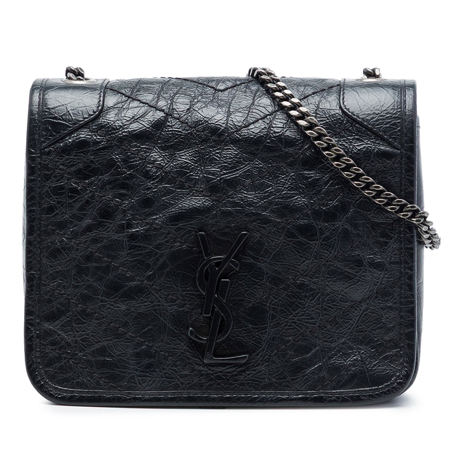 Saint Laurent Niki Wallet on Chain in Black Crinkled Calfskin: Saint Laurent Niki Wallet on Chain in Black Crinkled Calfskin This Saint Laurent Niki Wallet on Chain is crafted in black crinkled calfskin leather and features a chain-link strap with a leather shoul