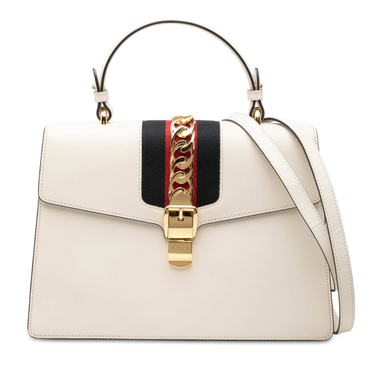 Gucci Sylvie Medium Calfskin Satchel with Web Trim and Strap: Gucci Sylvie Medium Calfskin Satchel with Web Trim and Strap This Gucci Sylvie top handle bag is crafted in white calfskin leather with the signature web trim and a structured satchel silhouette. It f
