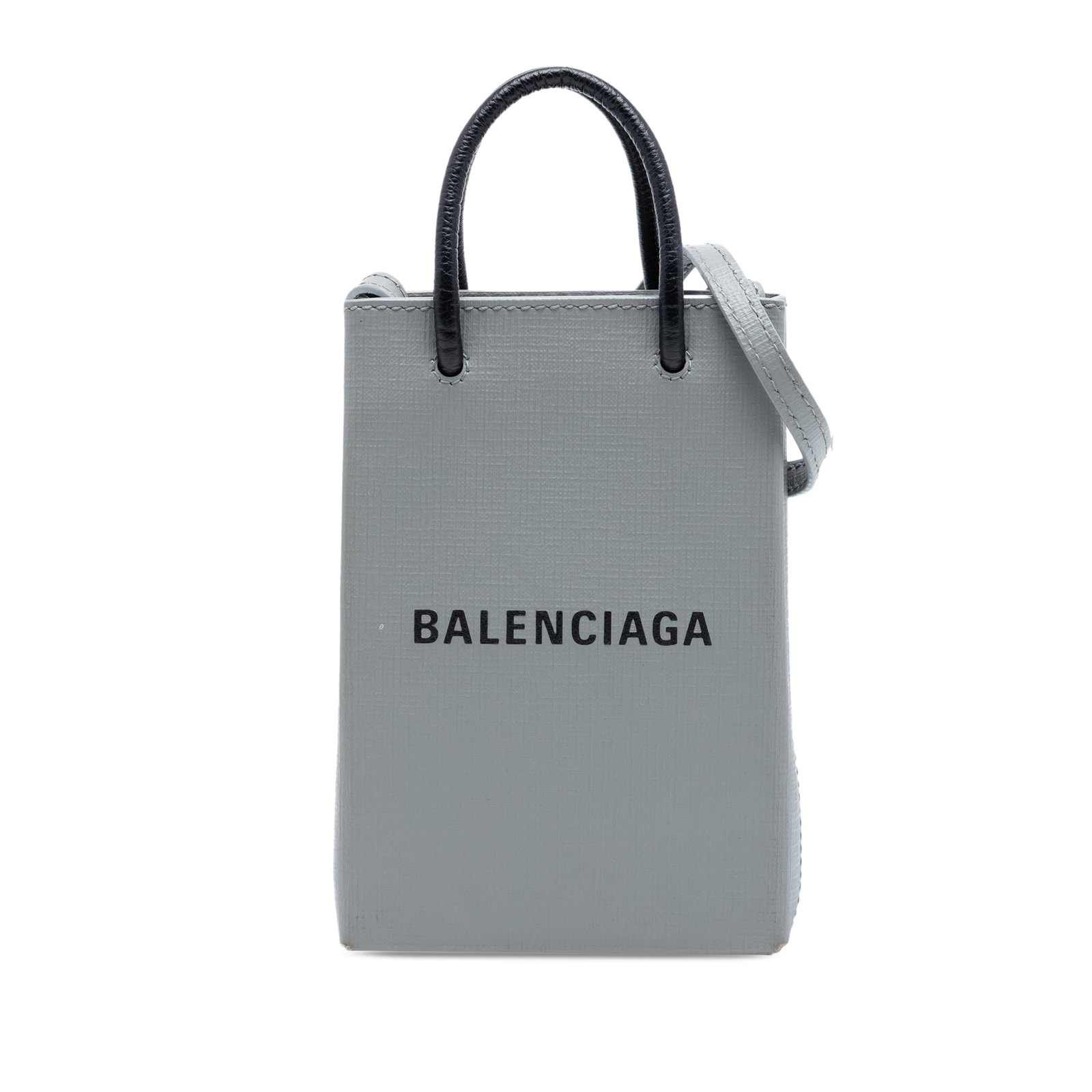 Balenciaga Mini Shopping Phone Holder Gray Calfskin Leather Bag: Balenciaga Mini Shopping Phone Holder Gray Calfskin Leather Bag Balenciaga Mini Calfskin Logo Shopping Phone Holder in gray leather with rolled handles, a detachable flat strap, an open top with magne
