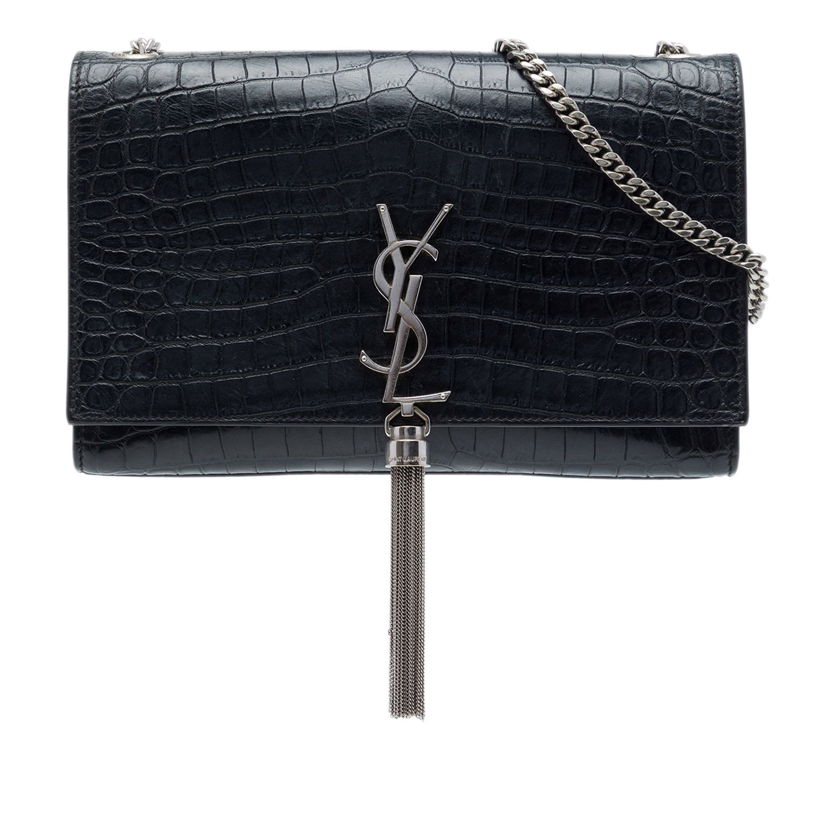 Saint Laurent Kate Medium black croc embossed leather crossbody bag: Saint Laurent Kate Medium black croc embossed leather crossbody bag Saint Laurent Medium Kate crossbody bag in black croc-embossed leather with the Monogram design and tassel detail. It features a sil