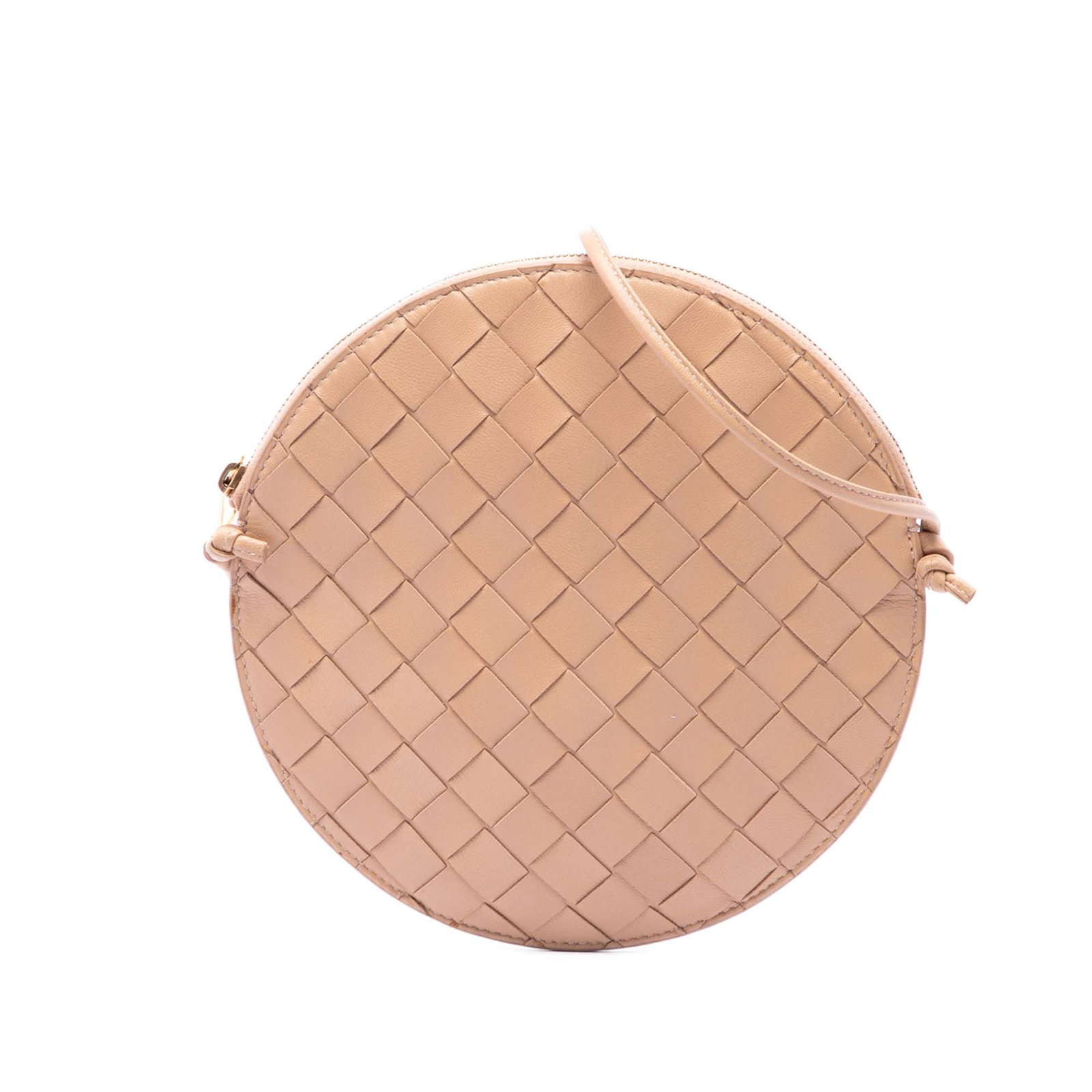 Bottega Veneta Nappa Intrecciato Round Leather Crossbody Bag Pink: Bottega Veneta Nappa Intrecciato Round Leather Crossbody Bag Pink Bottega Veneta Nappa Intrecciato Round Crossbody in pink woven leather with a round silhouette, flat leather strap, and top zip closur