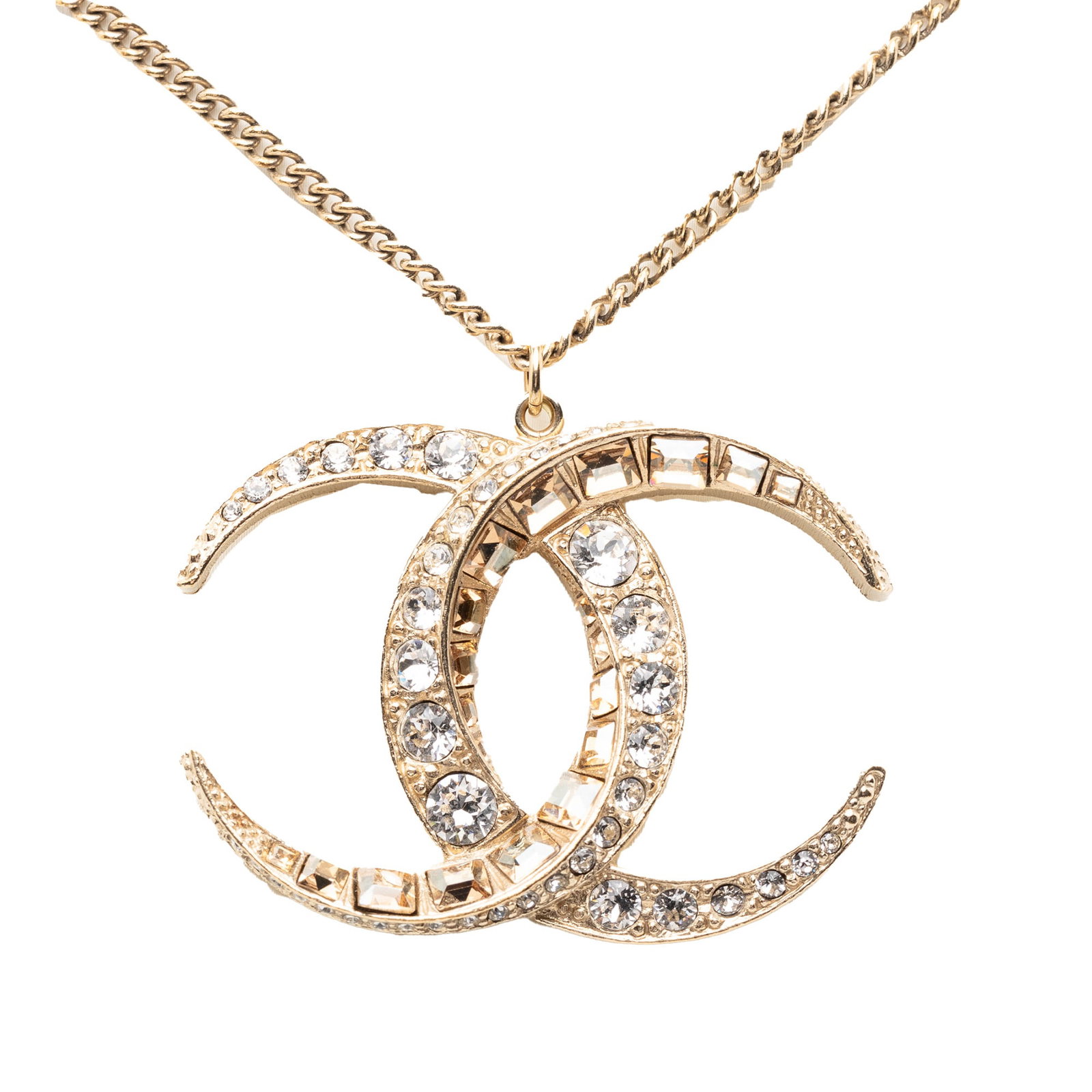 Chanel moon pendant necklace gold plated strass CC: Chanel moon pendant necklace gold plated strass CC This Chanel necklace features a gold-tone metal pendant adorned with rhinestones, suspended from a matching gold-tone chain and secured with a lobste