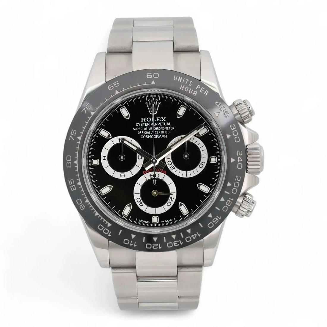 Automatic Rolex Daytona 116500LN Stainless Steel Black Dial Chronograph Watch: Automatic Rolex Daytona 116500LN Stainless Steel Black Dial Chronograph Watch This pre-owned Rolex Cosmograph Daytona 116500LN is a luxury wristwatch crafted in Switzerland, featuring a black dial wit