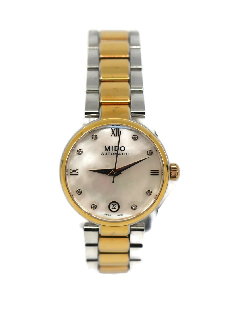 Mido Baroncelli Womens Wristwatch 33 mm Mother of Pearl Dial Ref M022.207.22.116.00: Mido Baroncelli Womens Wristwatch 33 mm Mother of Pearl Dial Ref M022.207.22.116.00 Pre-owned Mido Baroncelli women's wristwatch with a two-tone gold plated stainless steel case and bracelet. The watc