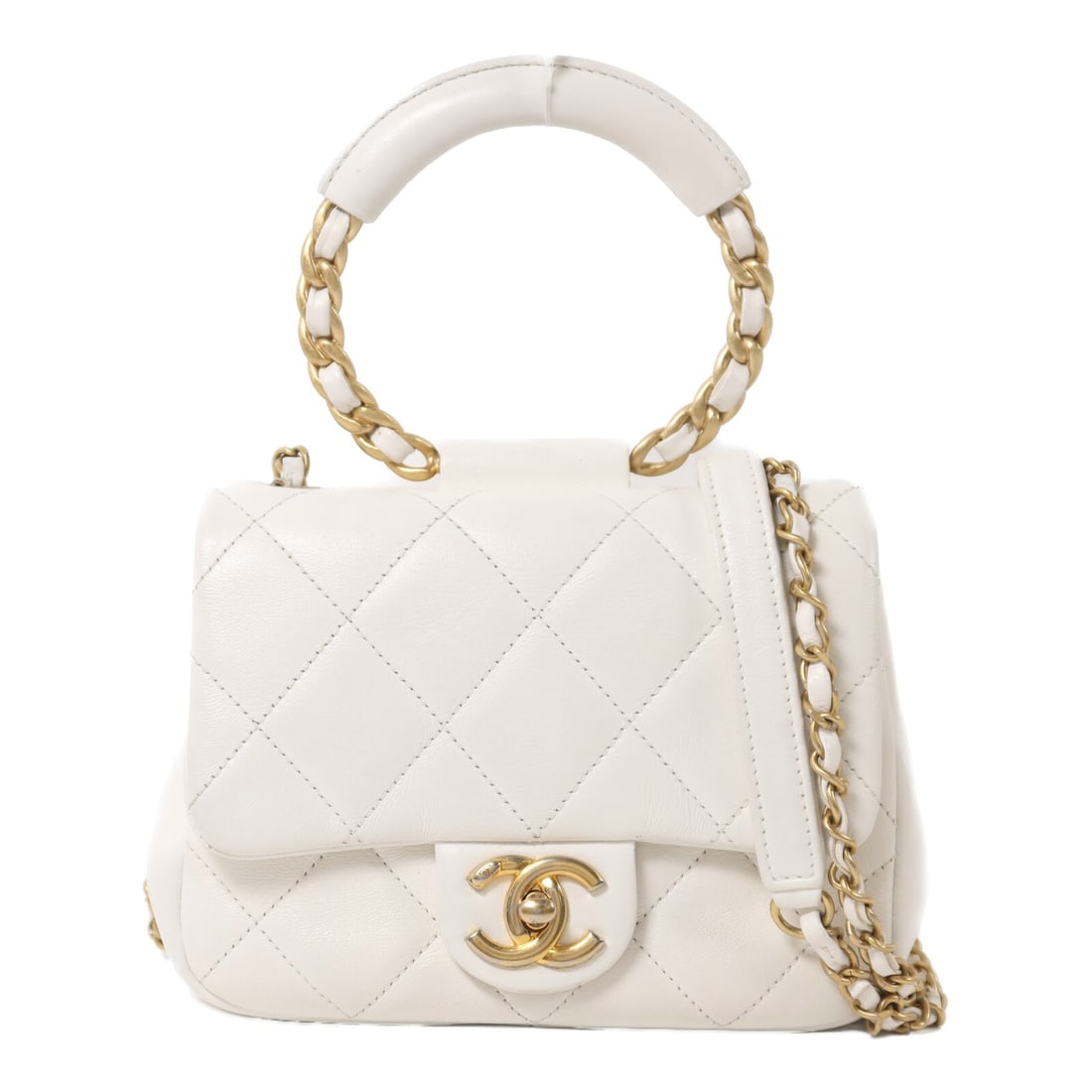CHANEL In The Loop 2 Way Shoulder Bag White Lambskin GHW: CHANEL In The Loop 2 Way Shoulder Bag White Lambskin GHW A CHANEL 2-way shoulder bag crafted from lambskin (sheep leather) in white. The bag features CC hardware and a turn lock closure, with one exte